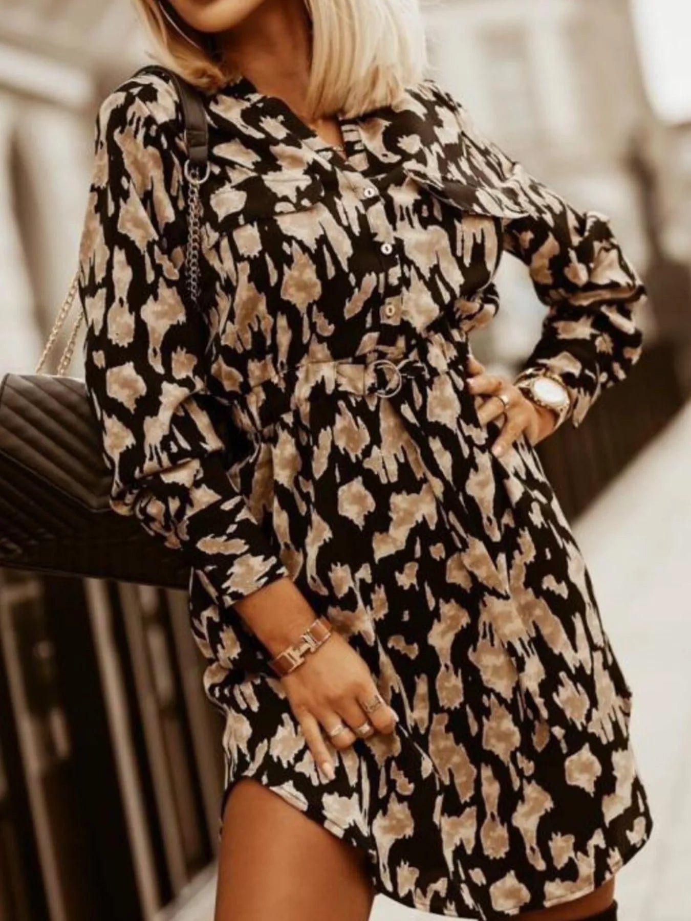 Printed Button Front Long Sleeve Dress -  Be Bliss Boutique