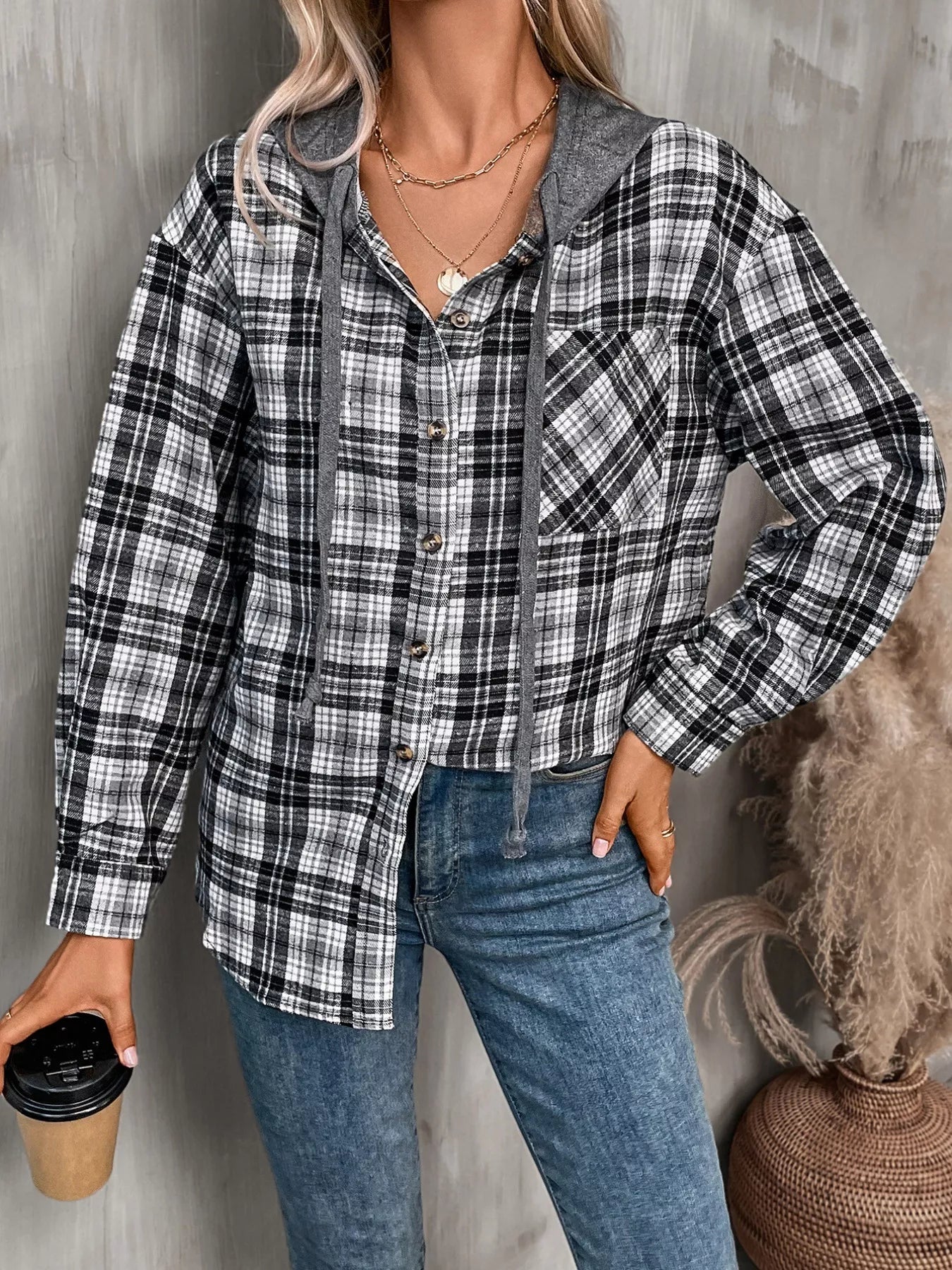 Plaid Button-Up Hooded Shirt with Chest Pocket - Be Bliss Boutique