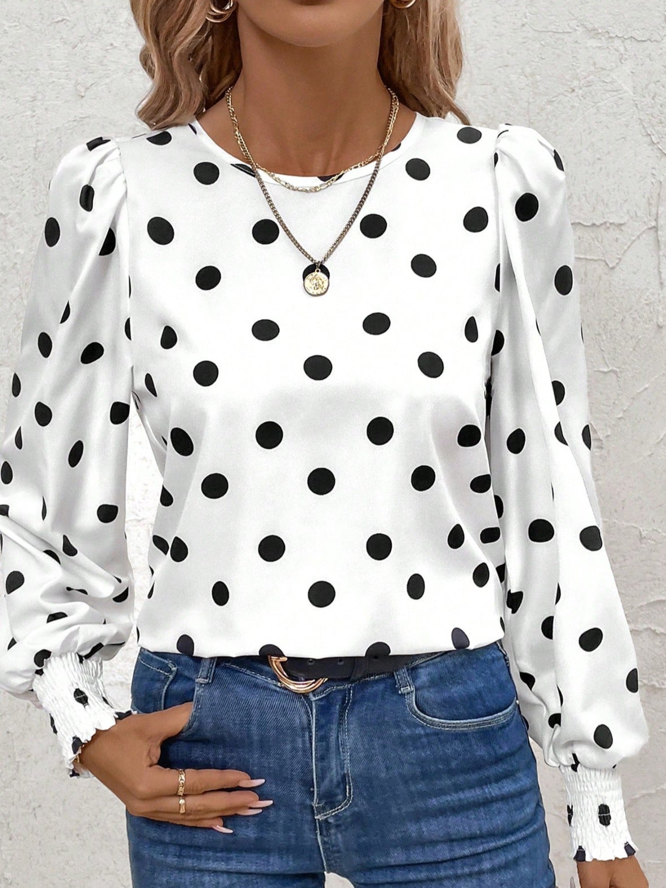 Women's White Polka Dot Long Sleeve Blouse - Be Bliss Boutique