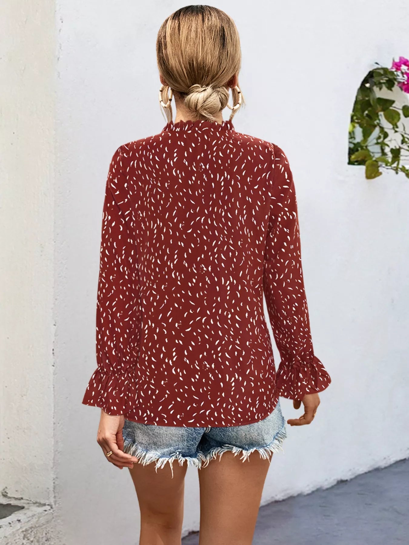 Ruffled Printed Tie Neck Long Sleeve Blouse - Be Bliss Boutique