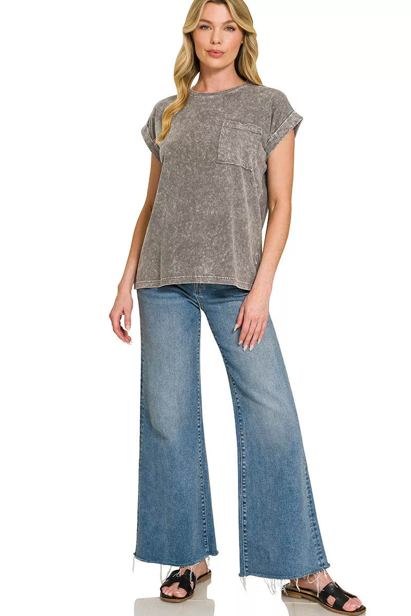 Zenana Halo Snow Washed Cuffed Short Sleeve Shirt - Be Bliss Boutique