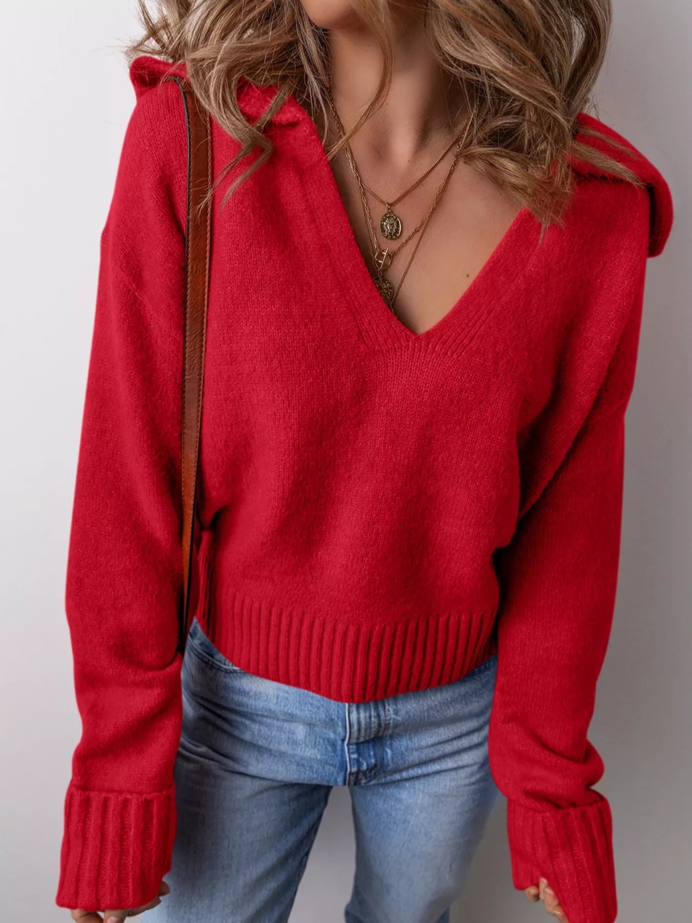 Collared V Neck Ribbed Edge Sweater -  Be Bliss Boutique