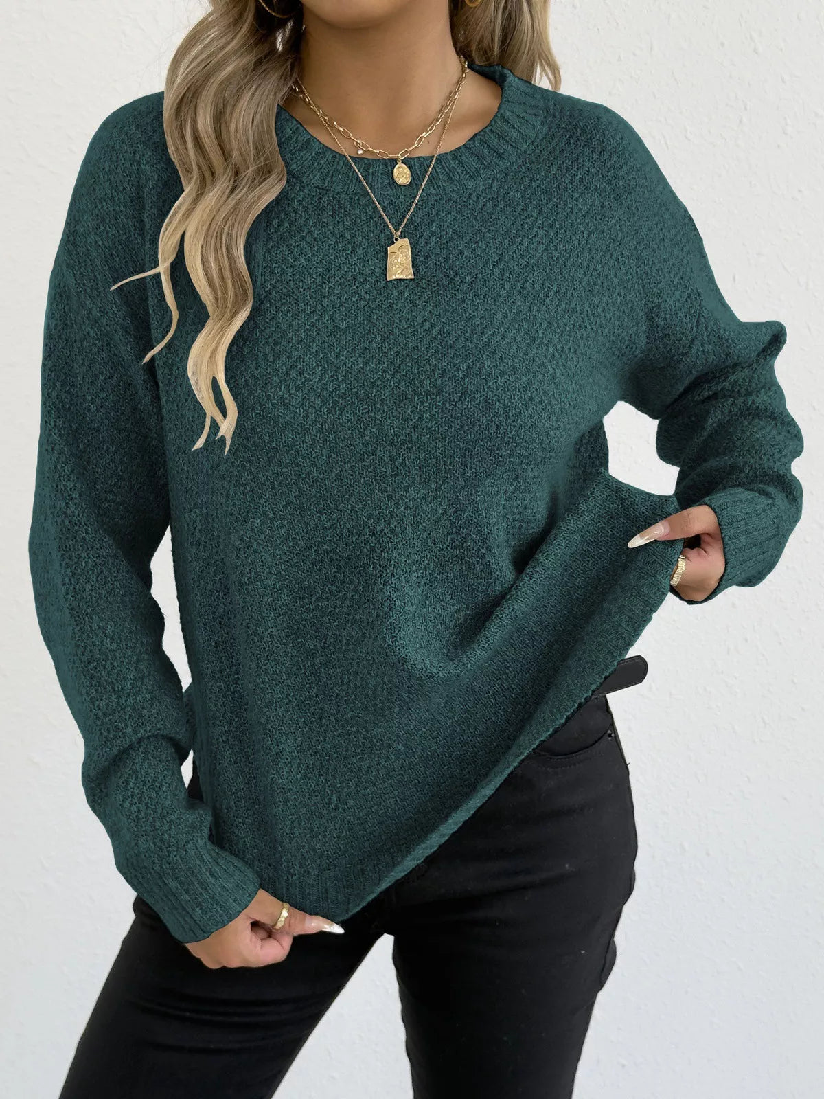 Textured Knit Relaxed Fit Round Neck Sweater - Be Bliss Boutique