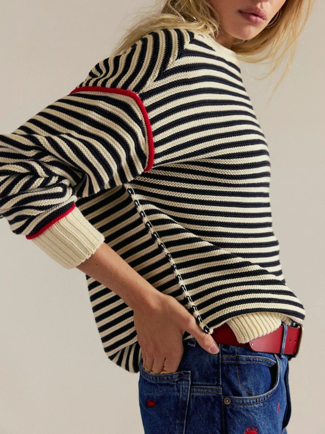 Striped Round Neck Long Sleeve Sweater -  Be Bliss Boutique