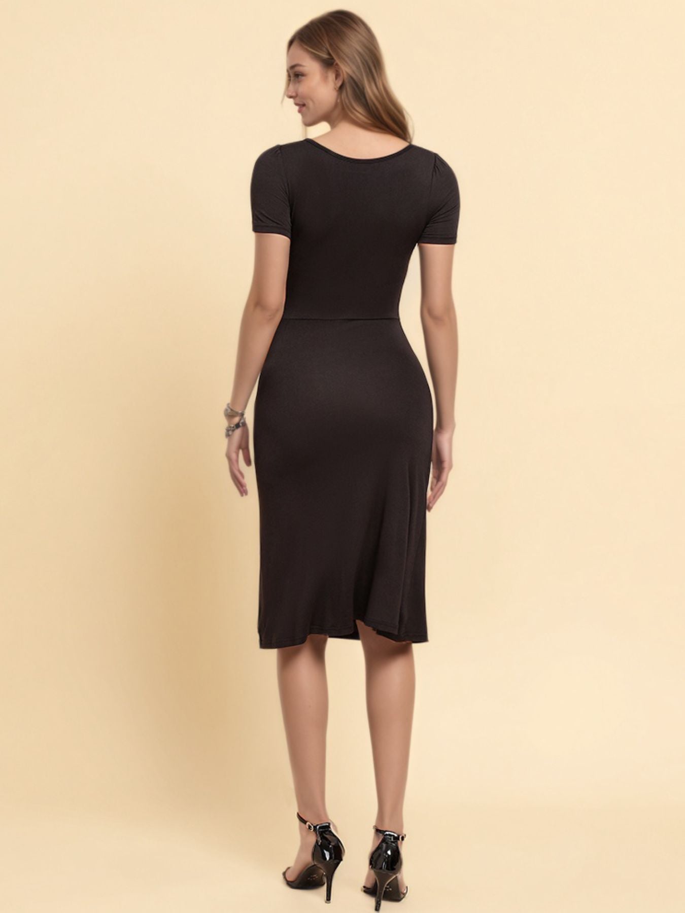 Ruched Sweetheart Neck Short Sleeve Midi Dress with Slit - Be Bliss Boutique