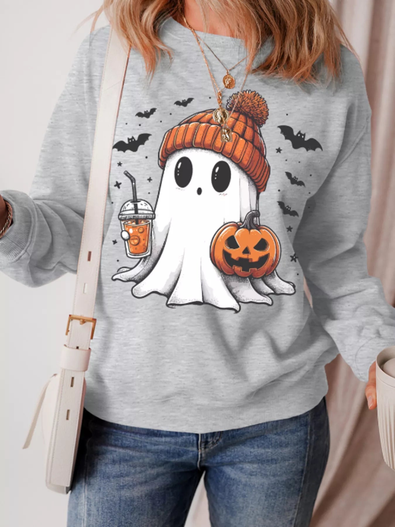 Round Neck Halloween Ghost Sweatshirt - Be Bliss Boutique