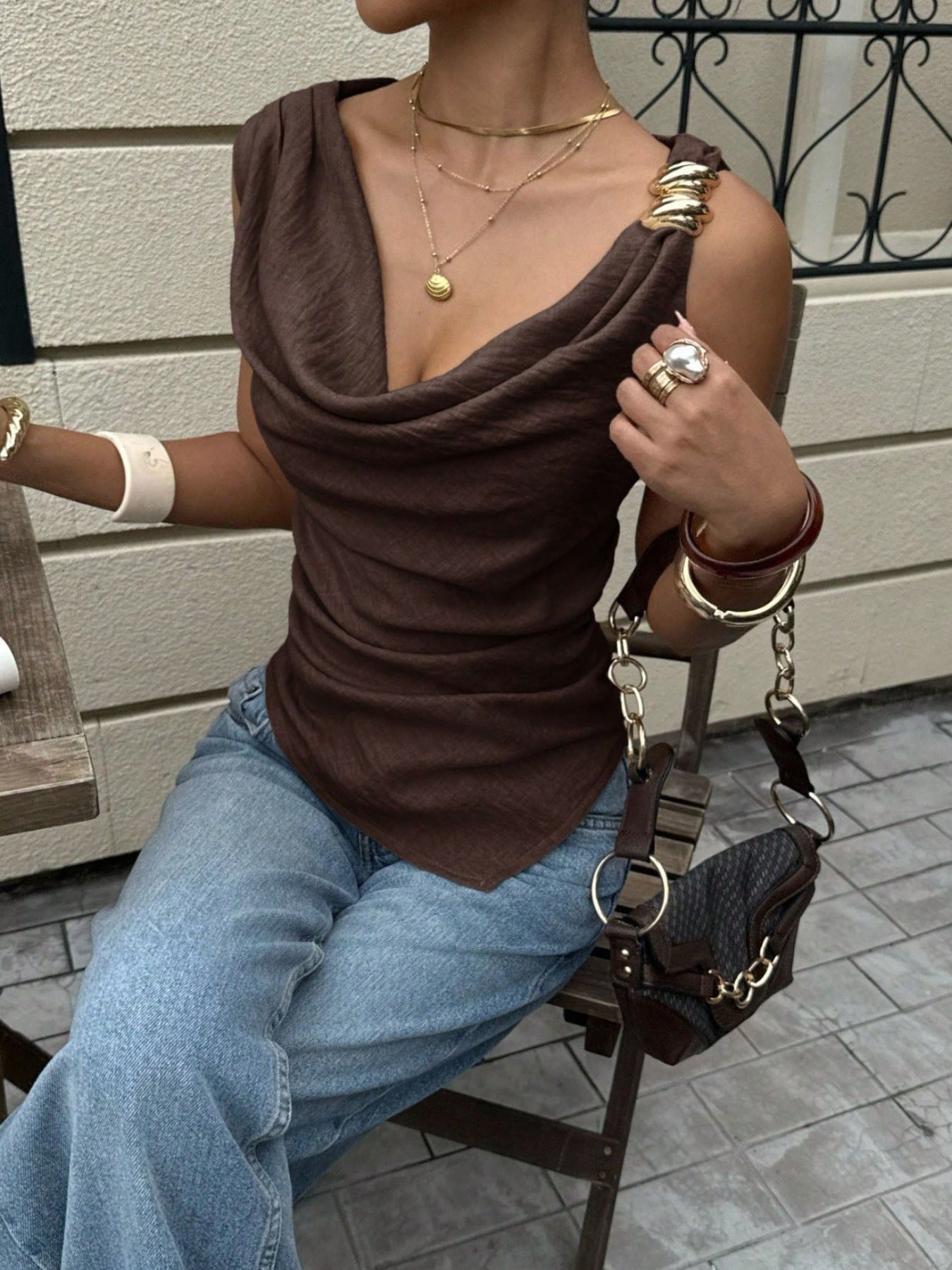 Chocolate Asymmetrical Cowl Neck Tank Top - Be Bliss Boutique