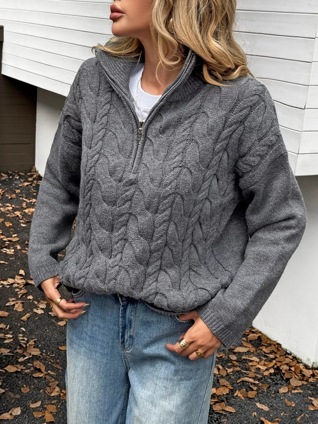 Zip Collar Cable-Knit Sweater -  Be Bliss Boutique