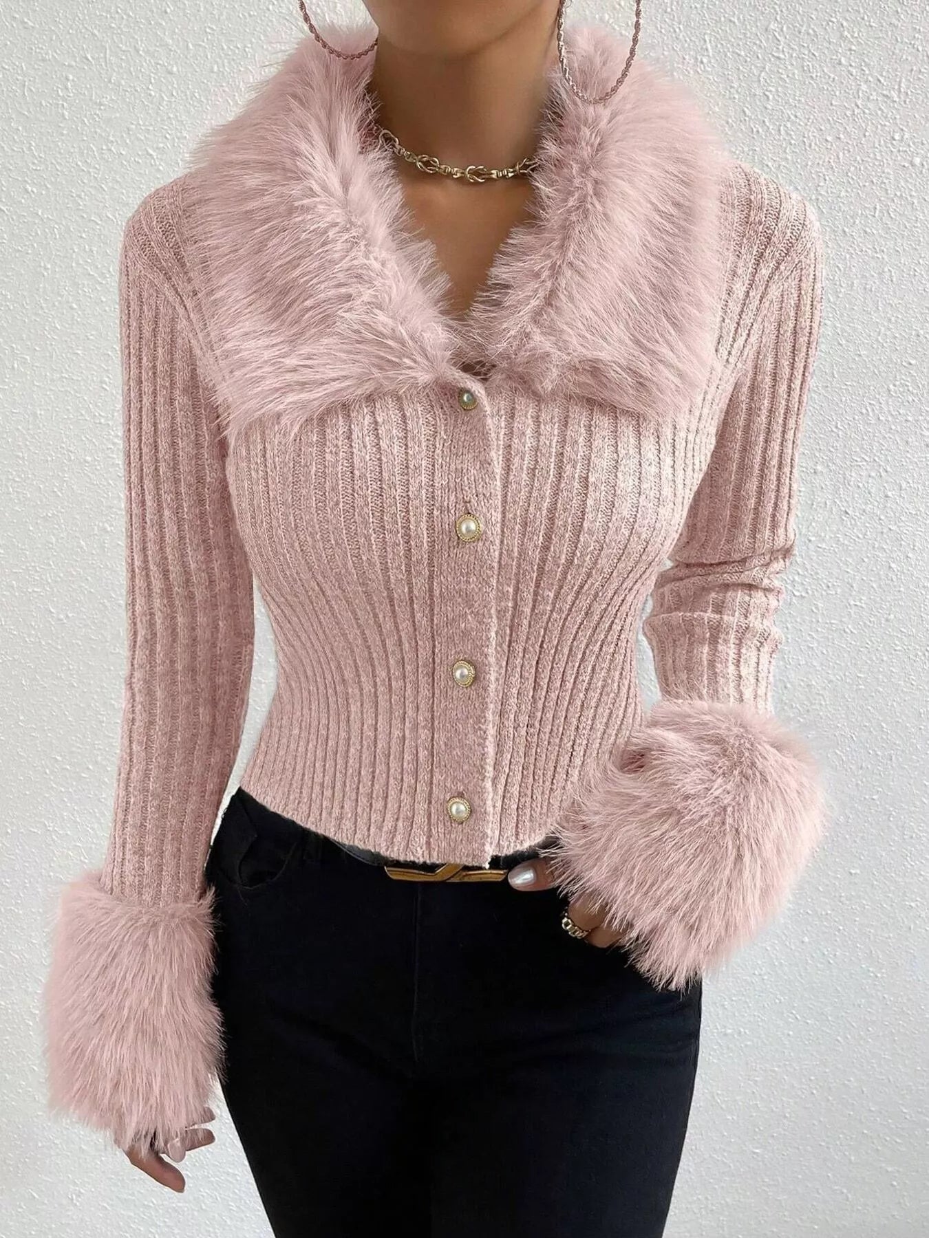 Faux Fur Trim Ribbed Knit Cropped Cardigan - Be Bliss Boutique