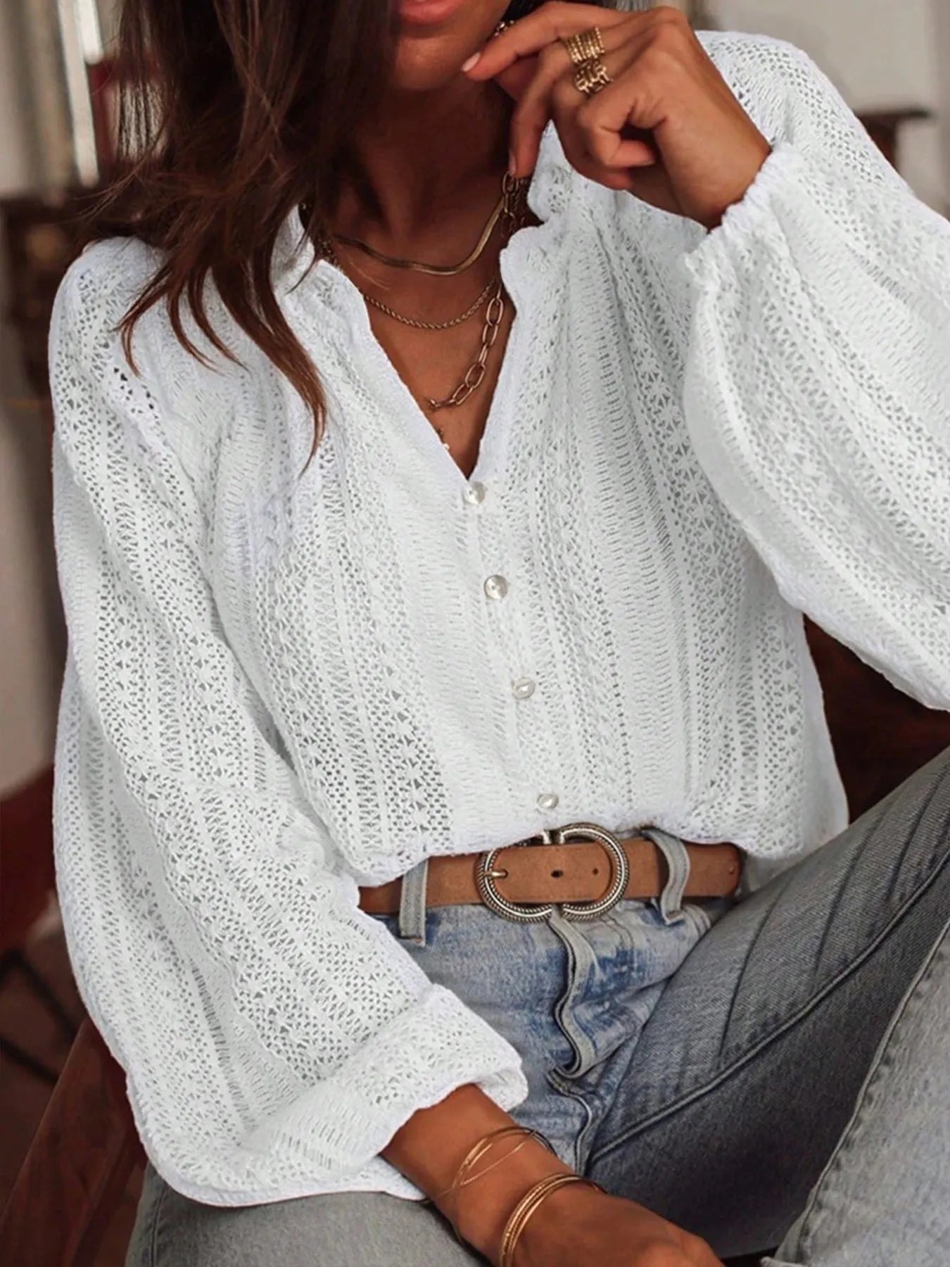 Crochet Notched Button-Front Shirt -  Be Bliss Boutique