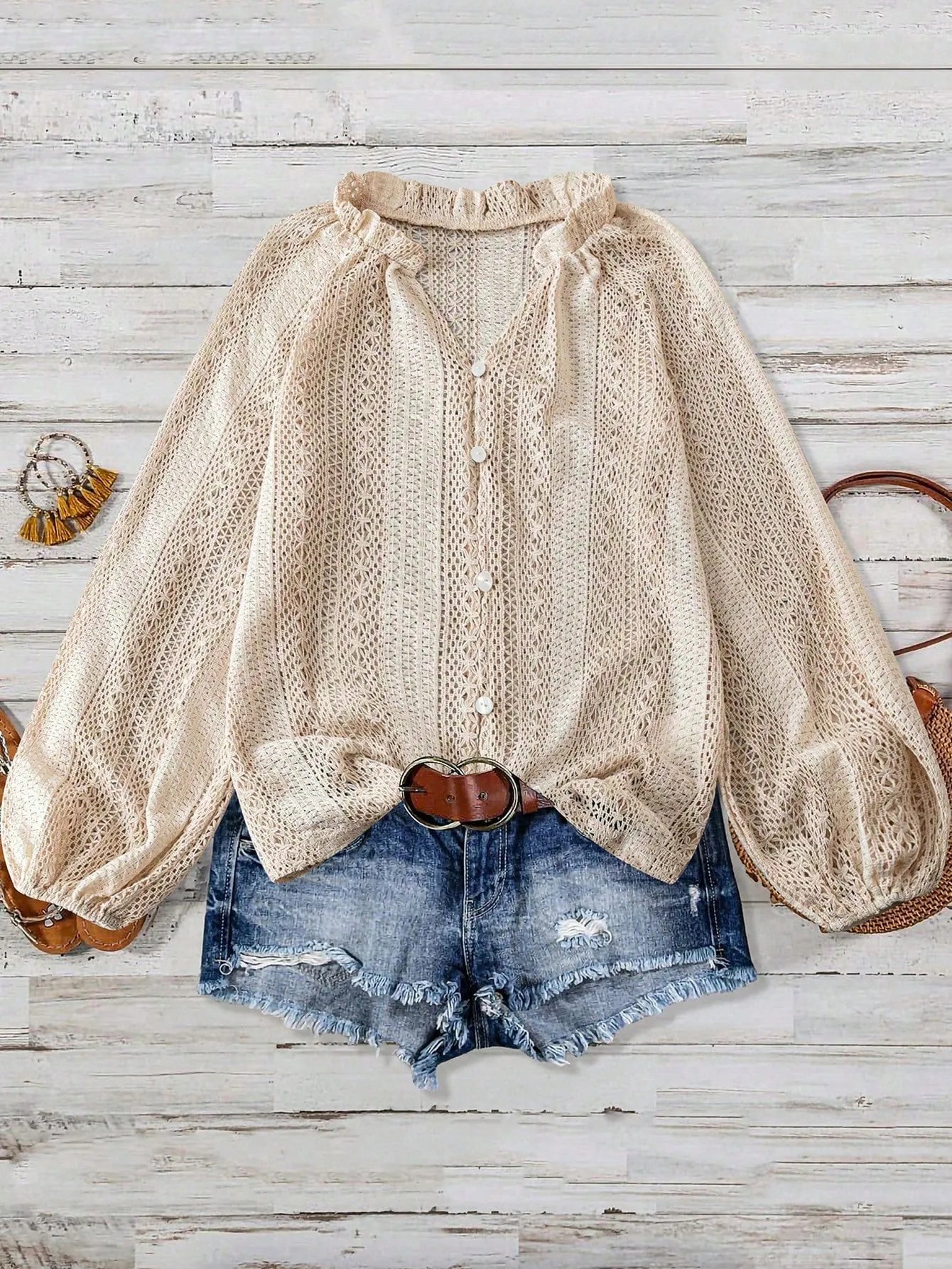 Crochet Notched Button-Front Shirt -  Be Bliss Boutique