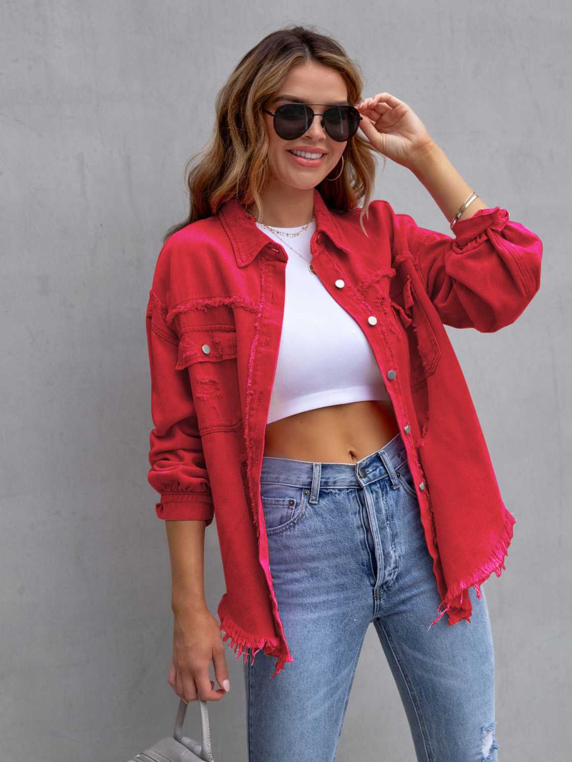 Distressed Drop Shoulder Denim Jacket - Be Bliss Boutique
