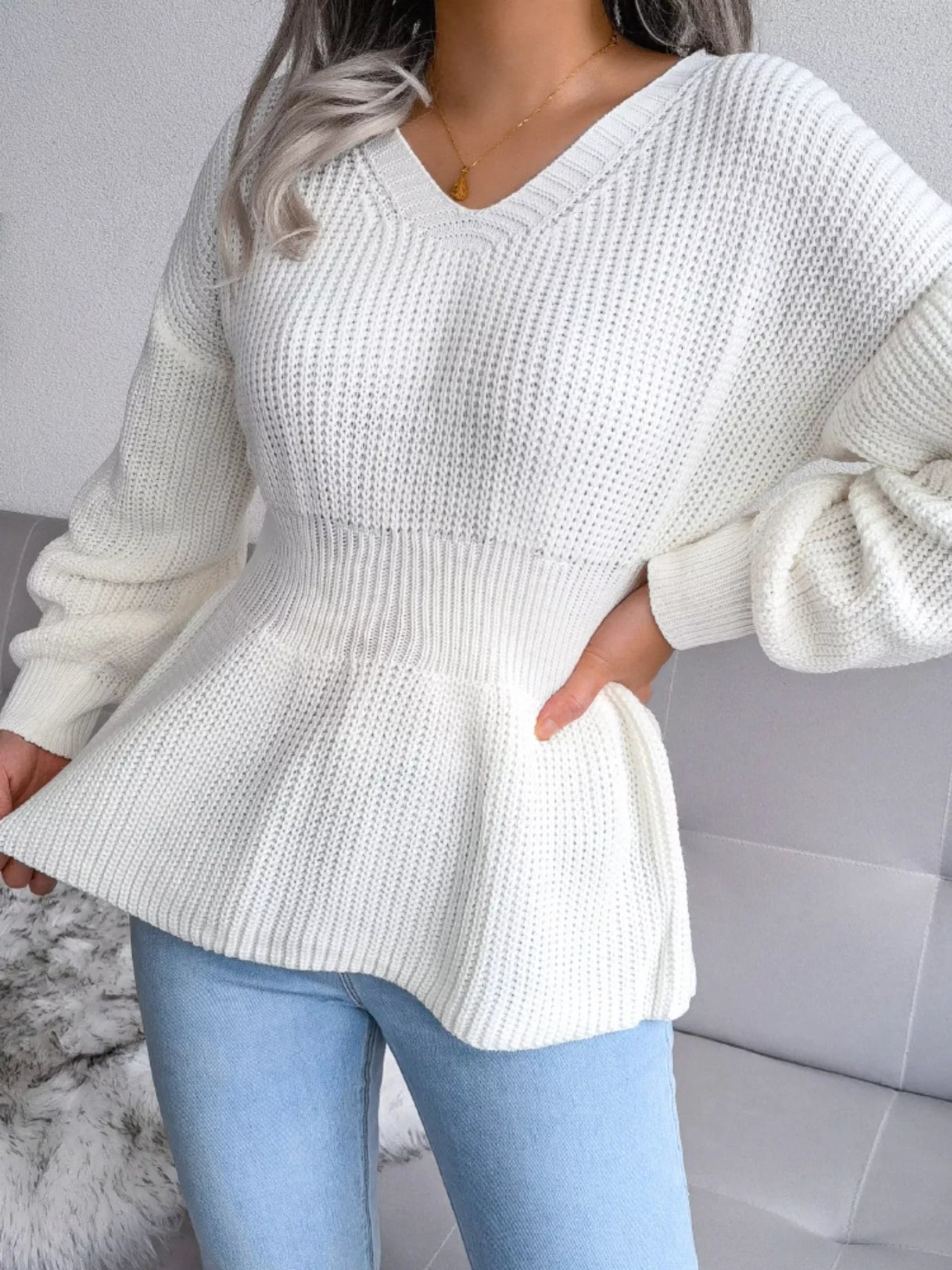 V-Neck Dropped Shoulder Sweater - Be Bliss Boutique