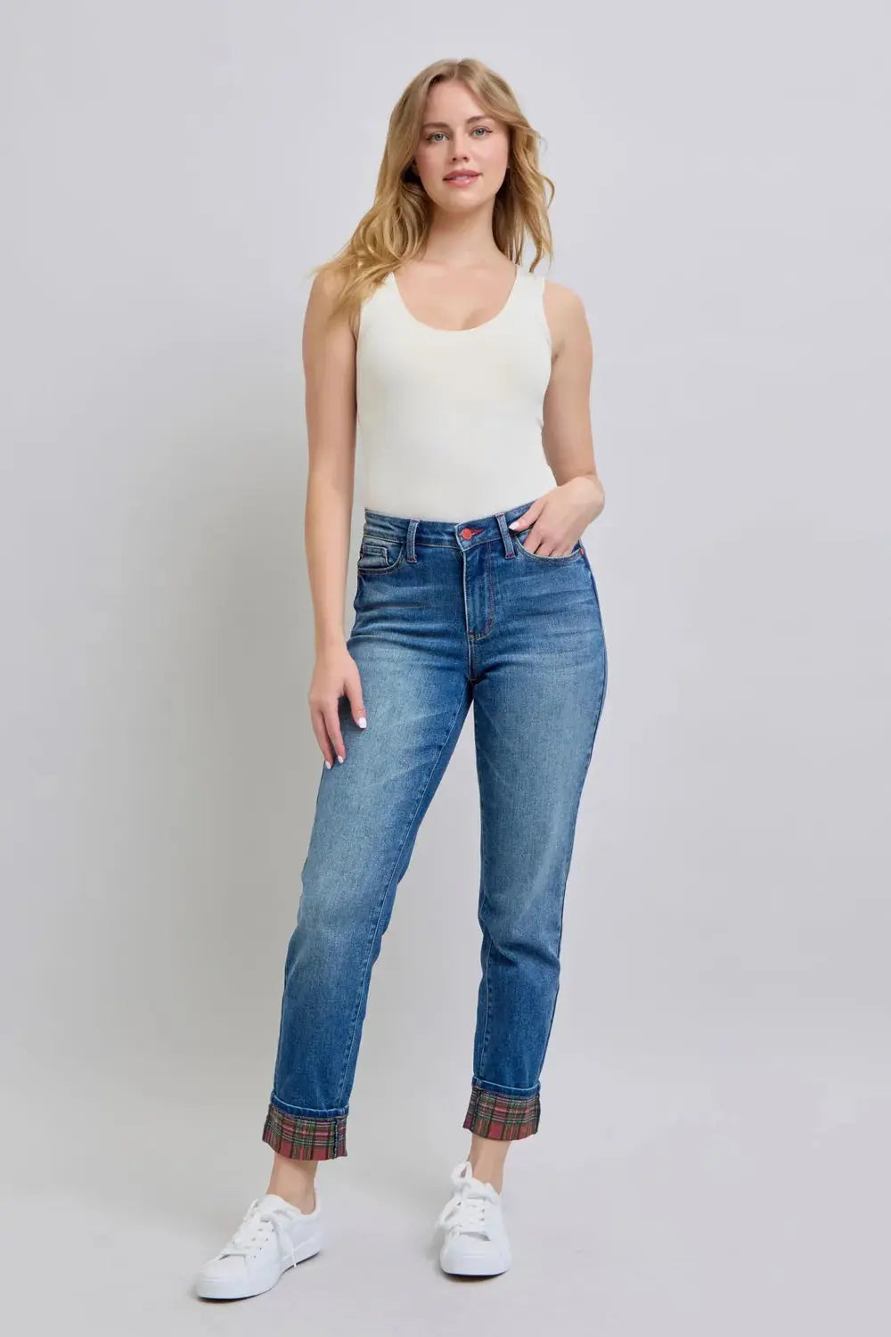 Judy Blue Full/Plus Size Plaid Print Cuff Straight Leg Jeans with Pockets | Be Bliss Boutique