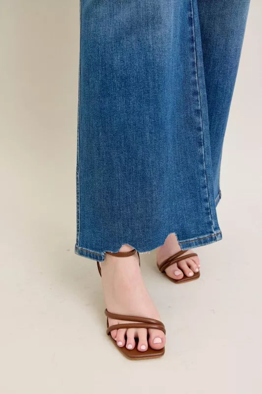 Judy Blue Full Size High Waist Tummy Control Chew Hem Destroy Wide Jeans Plus Size - Be Bliss Boutique