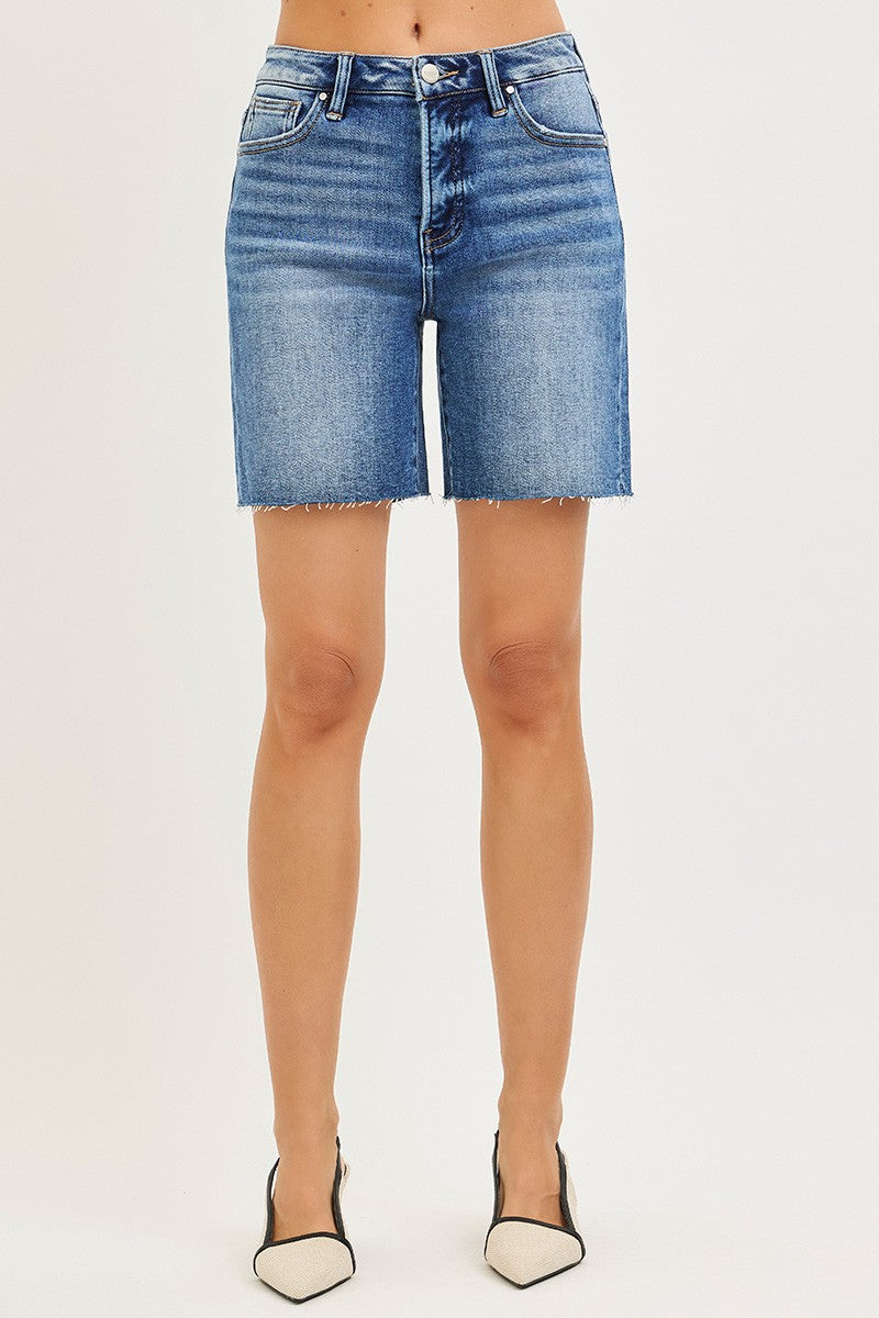 RISEN Tummy Control High Rise Raw Hem Denim Shorts - Be Bliss Boutique