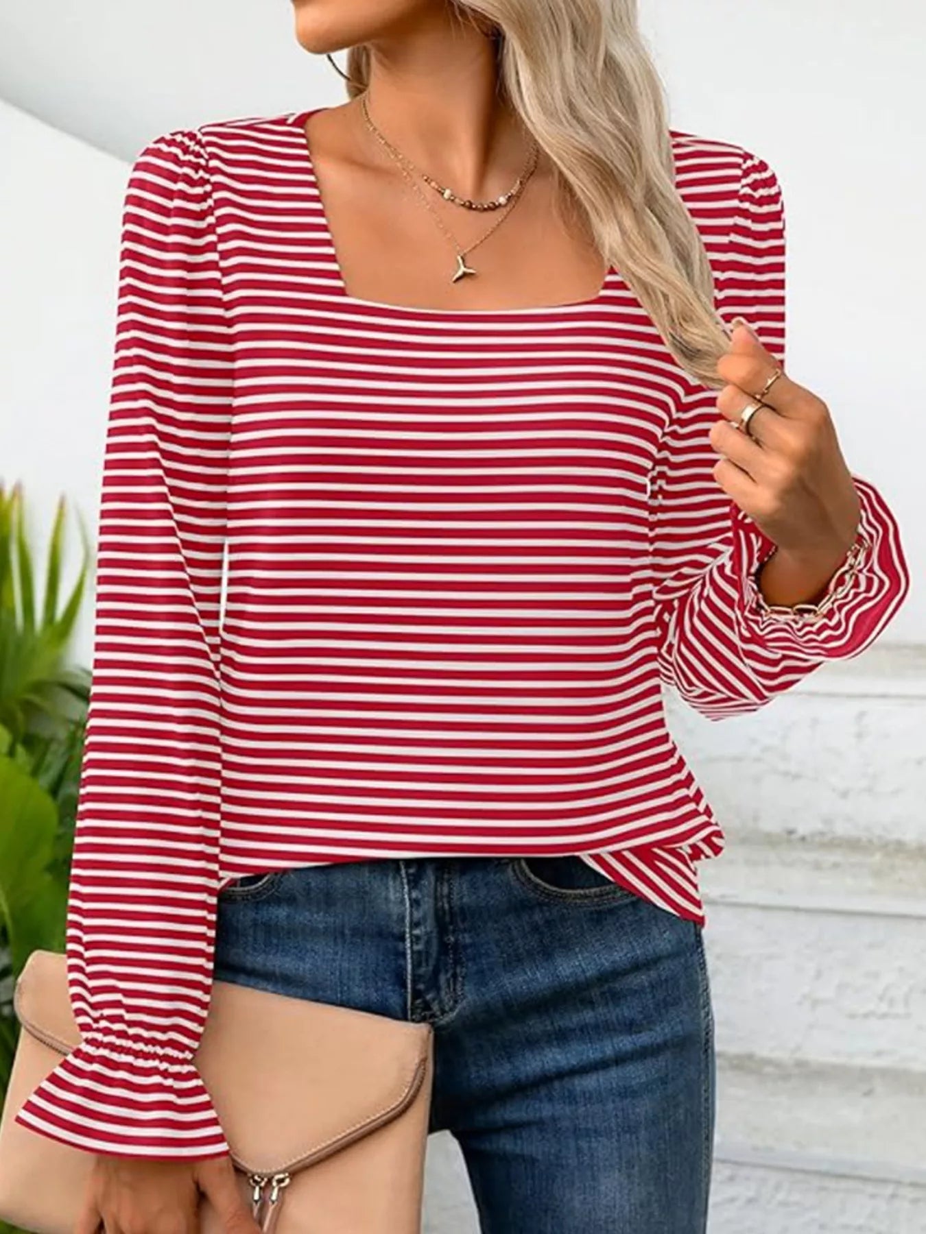 Striped Long Sleeve T-Shirt with Square Neckline - Be Bliss Boutique