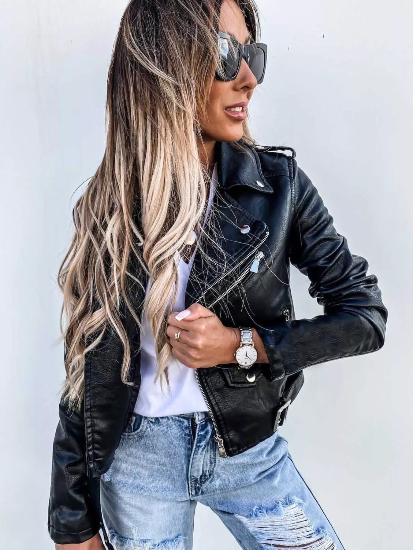 Full Size Zip Up Leather Motorcycle Biker Jacket Plus Size -  Be Bliss Boutique