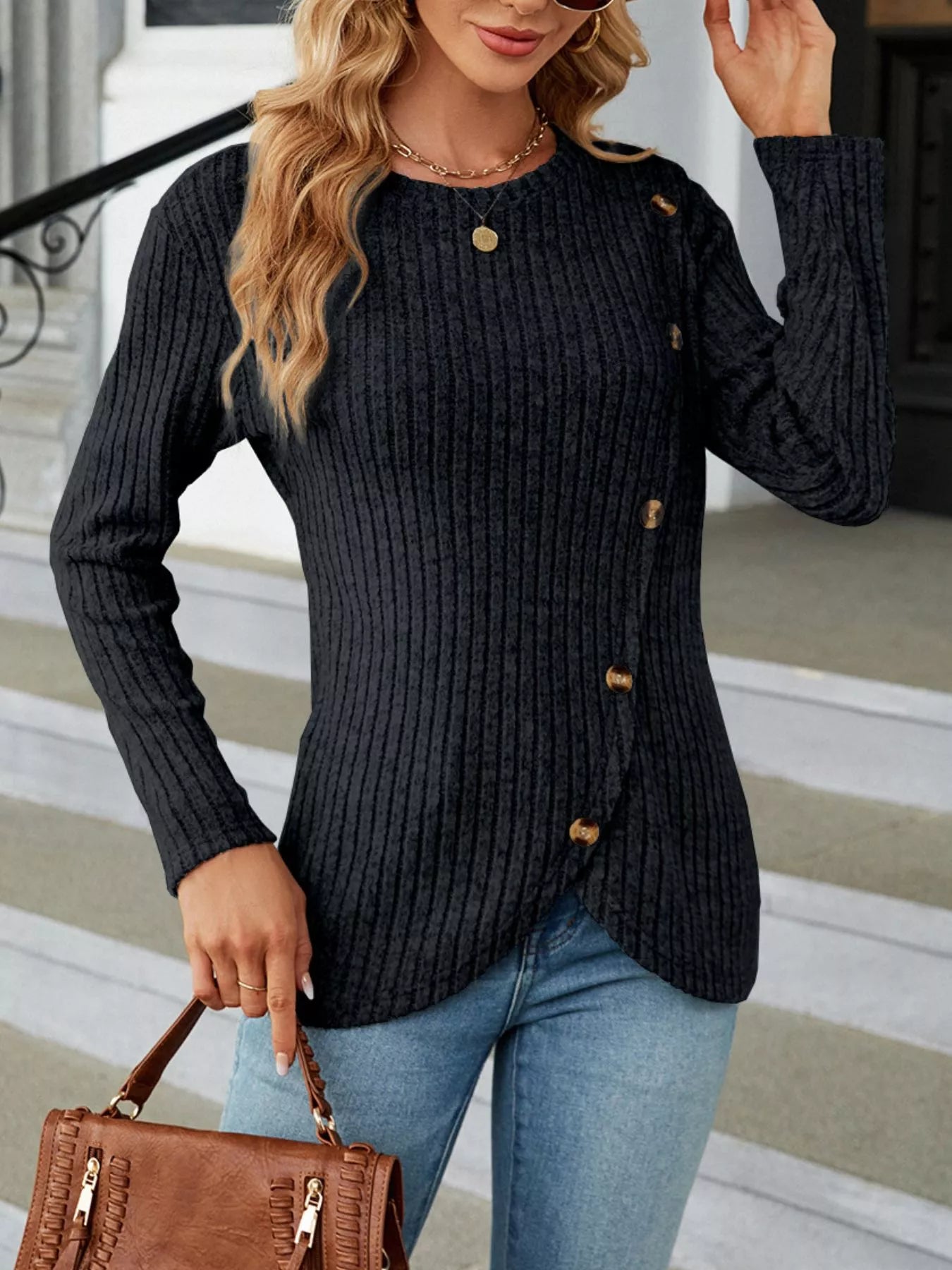 Ribbed Knit Decor Button T-Shirt -  Be Bliss Boutique