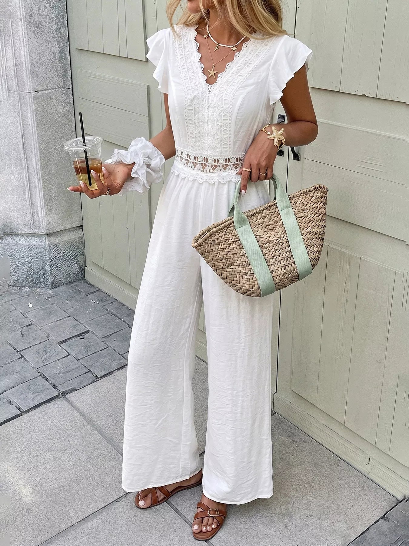 Lace Trim Wide Leg Jumpsuit - Be Bliss Boutique