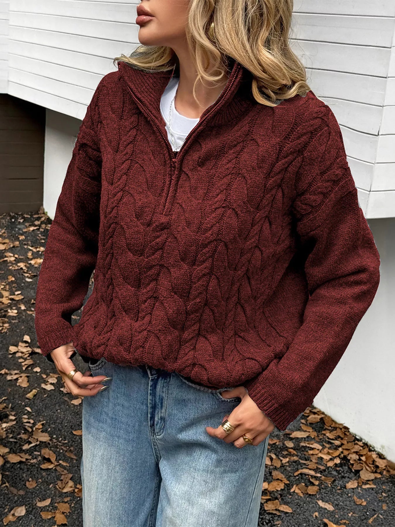 Zip Collar Cable-Knit Sweater -  Be Bliss Boutique