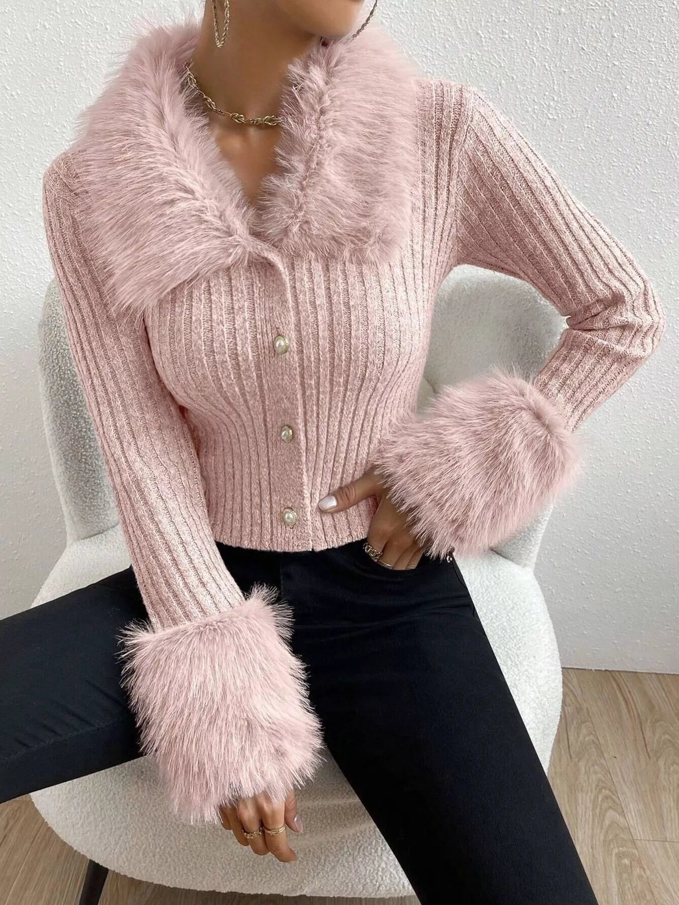 Faux Fur Trim Ribbed Knit Cropped Cardigan - Be Bliss Boutique