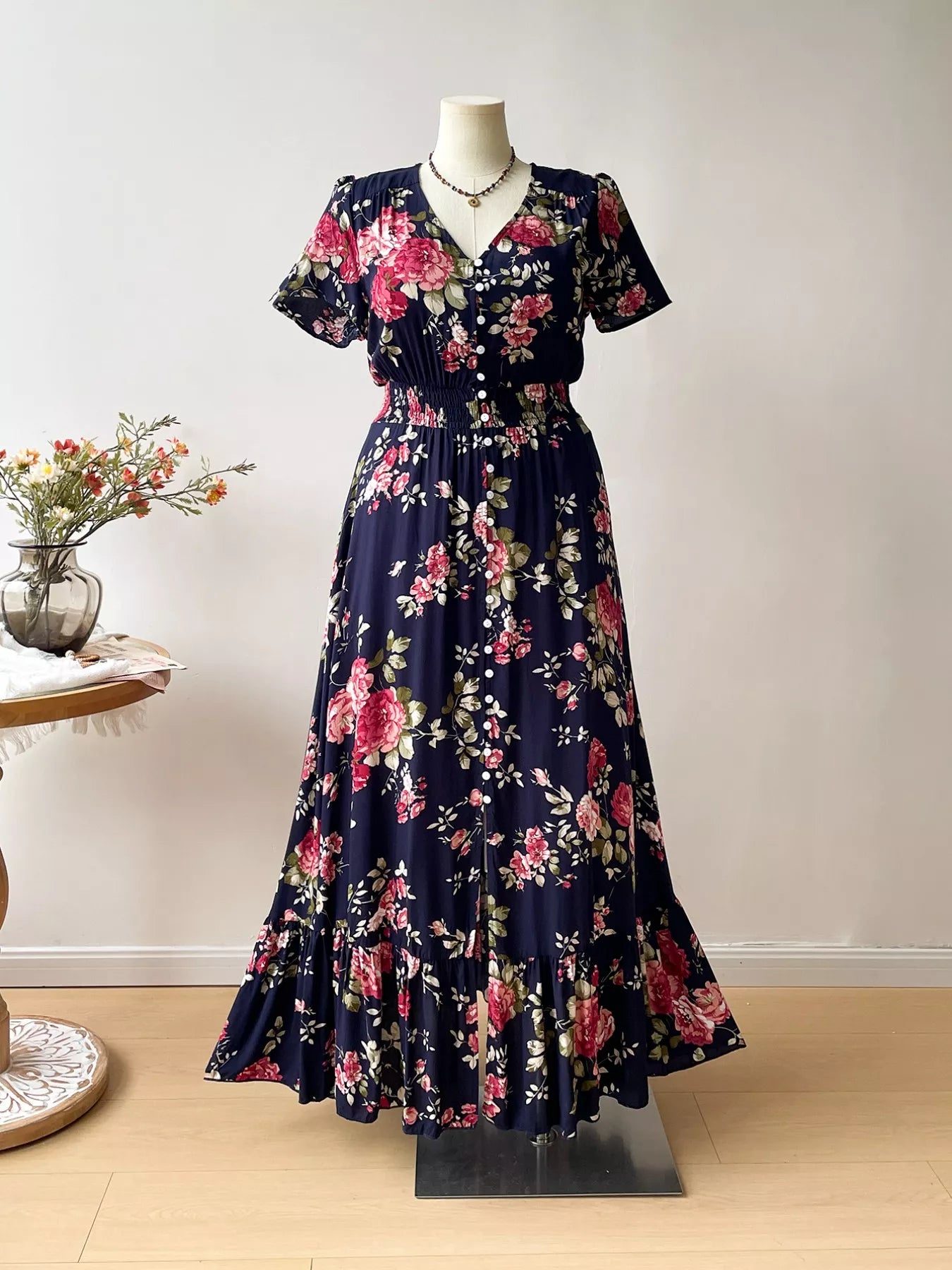 Plus Size Floral Print Short Sleeves V-Neck Dress - Be Bliss Boutique