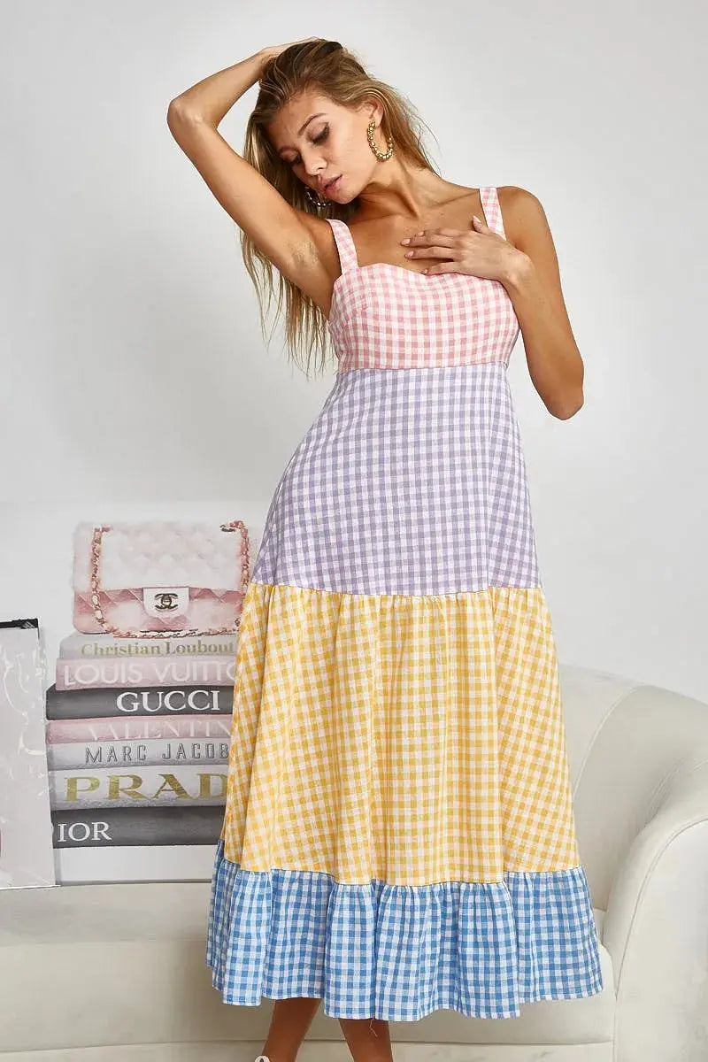 BiBi Color Block Tiered Gingham Dress | Be Bliss Boutique