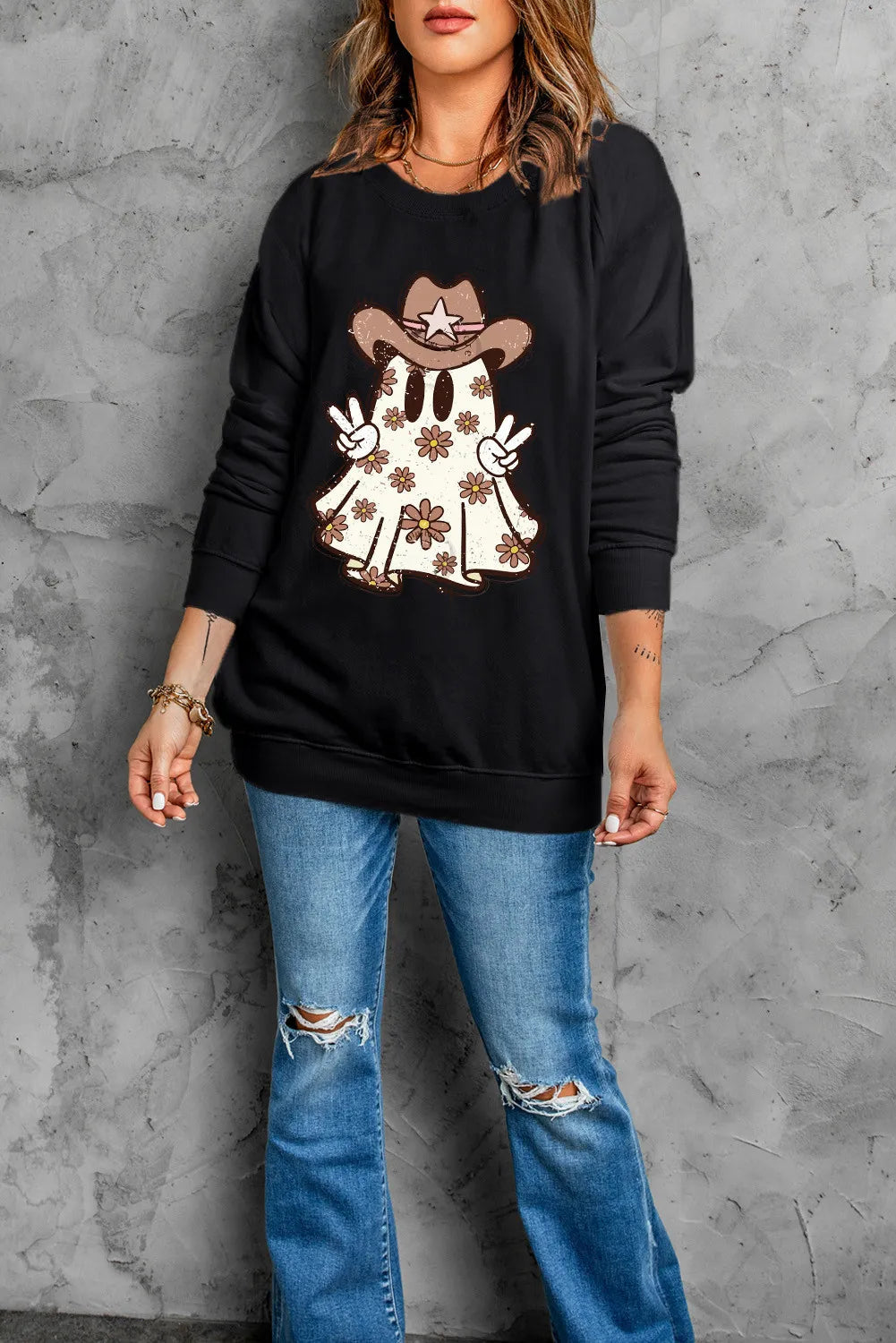 Ghost Round Neck Long Sleeve Sweatshirt -  Be Bliss Boutique