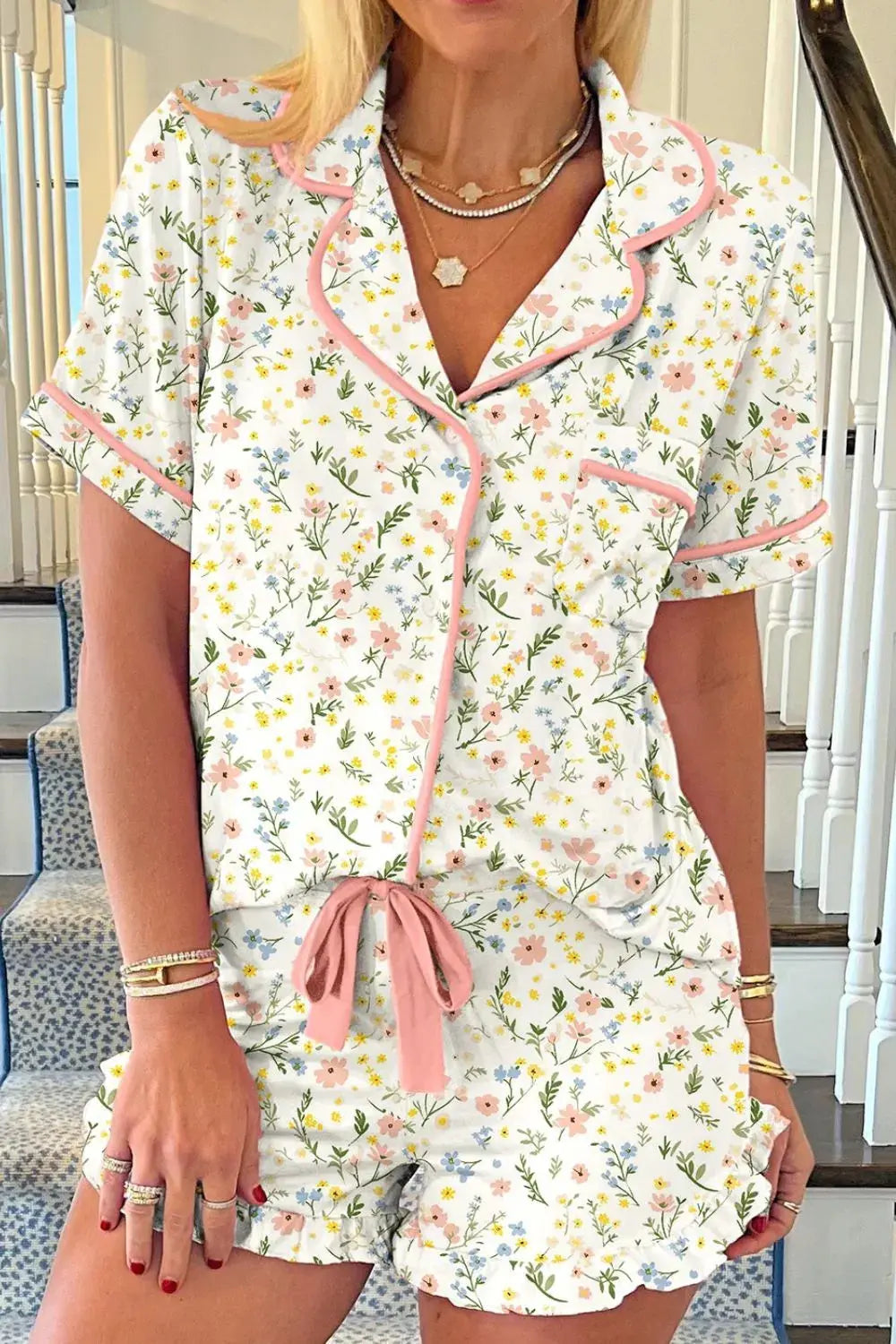 Printed Button Up Short Sleeve Top and Shorts Lounge Set 