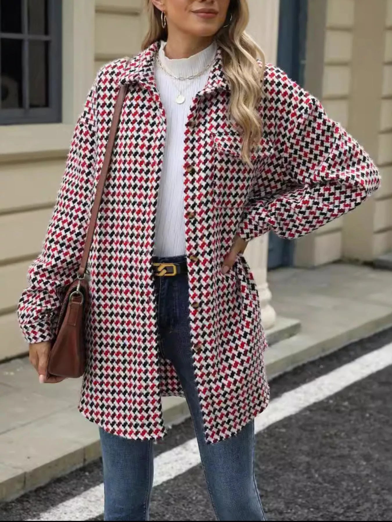 Houndstooth Button Up Long Sleeve Coat - Be Bliss Boutique