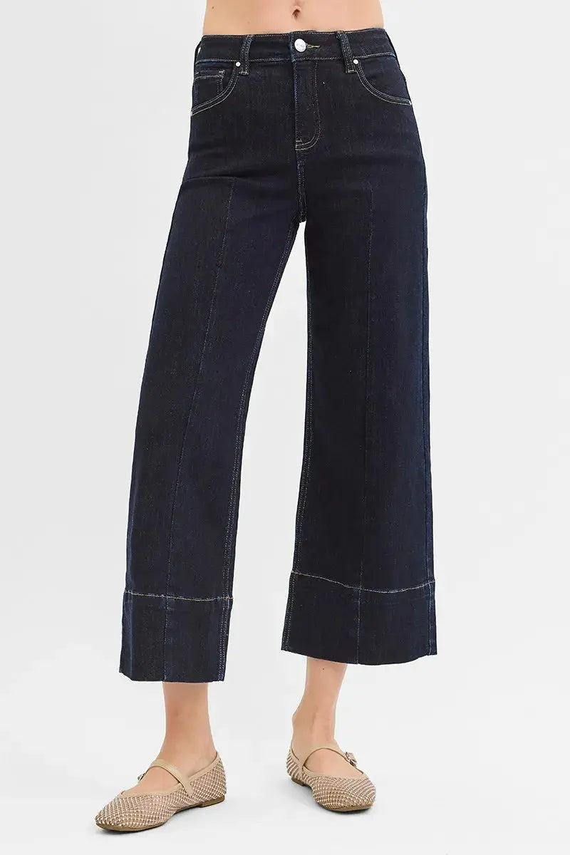 RISEN Tummy Control High Rise Crop Wide Seam Detailed Jeans | Be Bliss Boutique