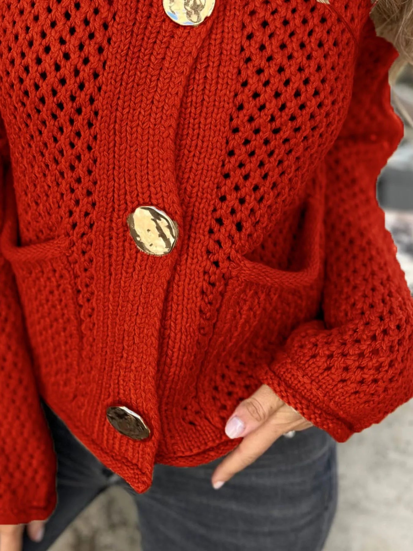 Crochet Button Up Long Sleeve Cardigan -  Be Bliss Boutique