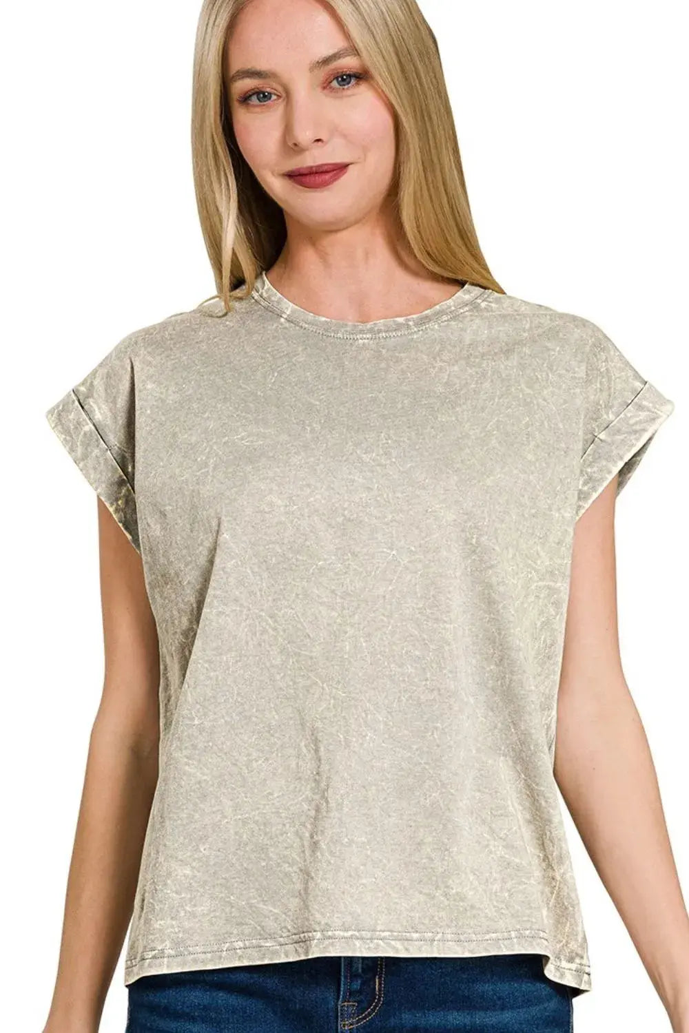 Zenana Crinkle Washed Round Neck Folded Short Sleeve T-Shirt |  Be Bliss Boutique