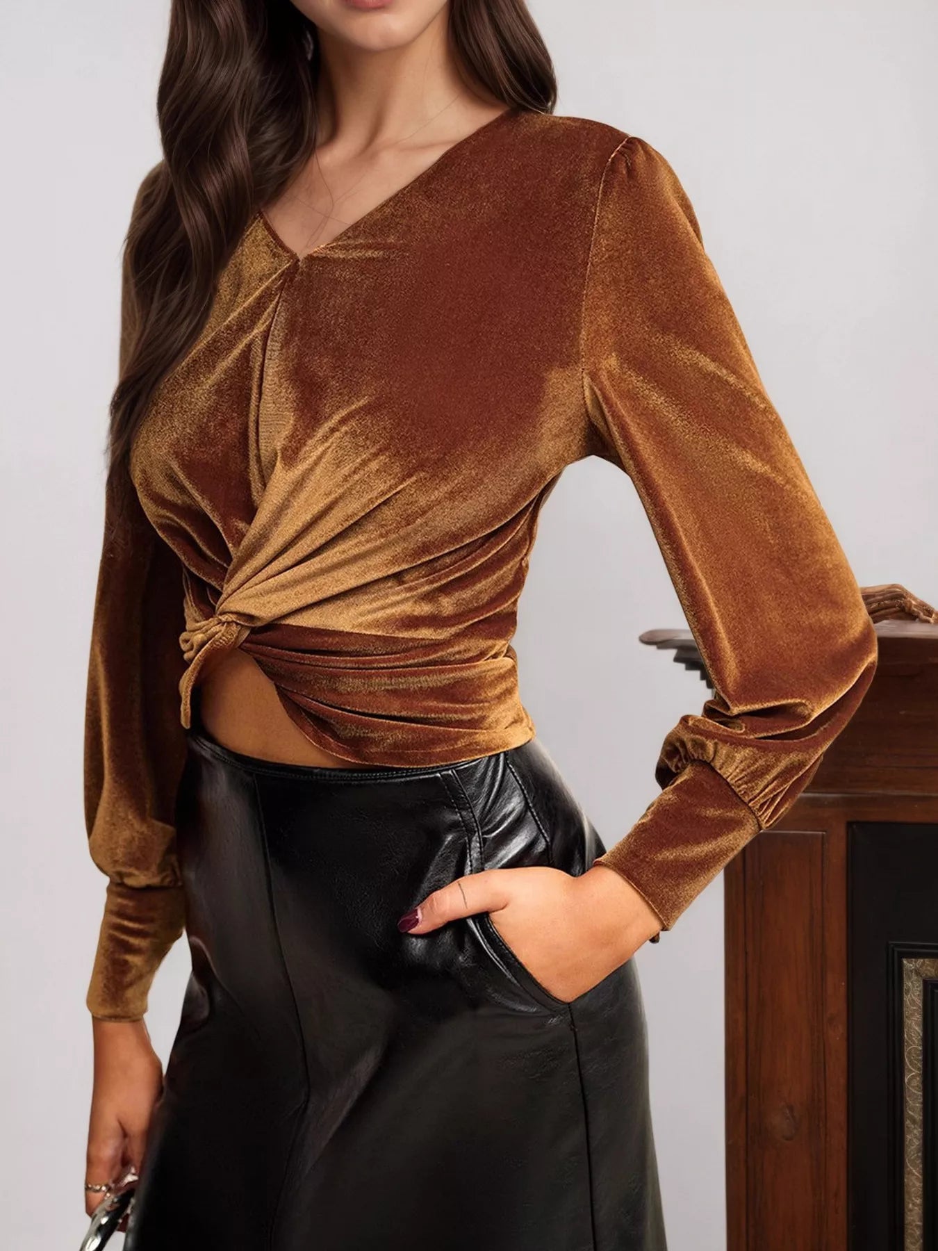 Twisted V-Neck Long Sleeve Blouse - Be Bliss Boutique