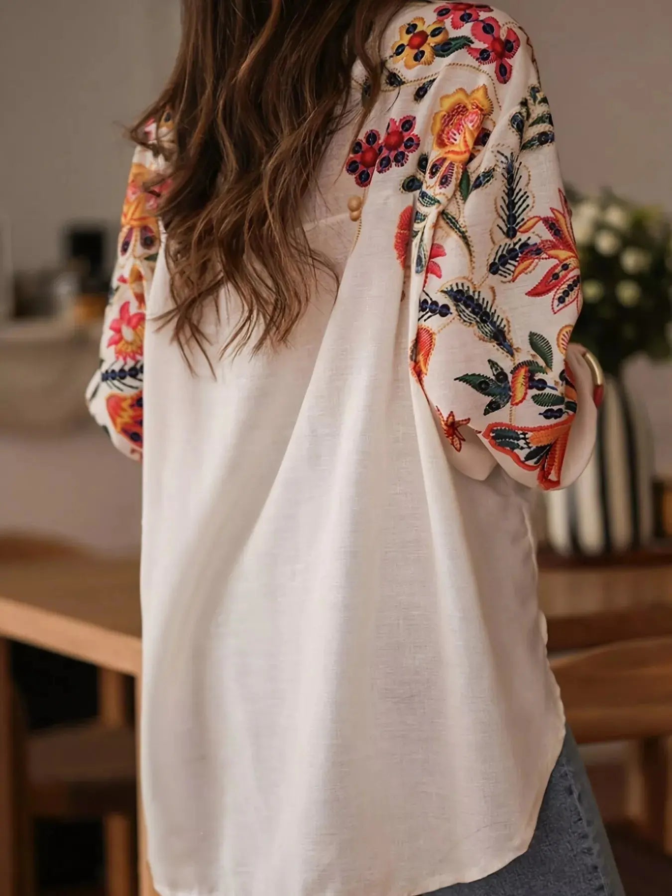 Embroidered Floral Button Up Long Sleeve Shirt - Be Bliss Boutique