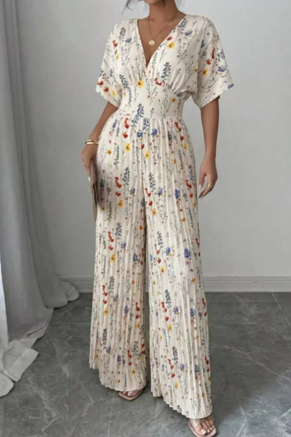 Floral Print Pleated Wide Leg Jumpsuit - Be Bliss Boutique