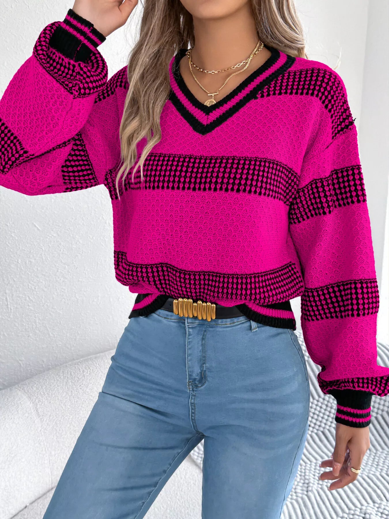 Contrast Striped V-Neck Sweater - Be Bliss Boutique