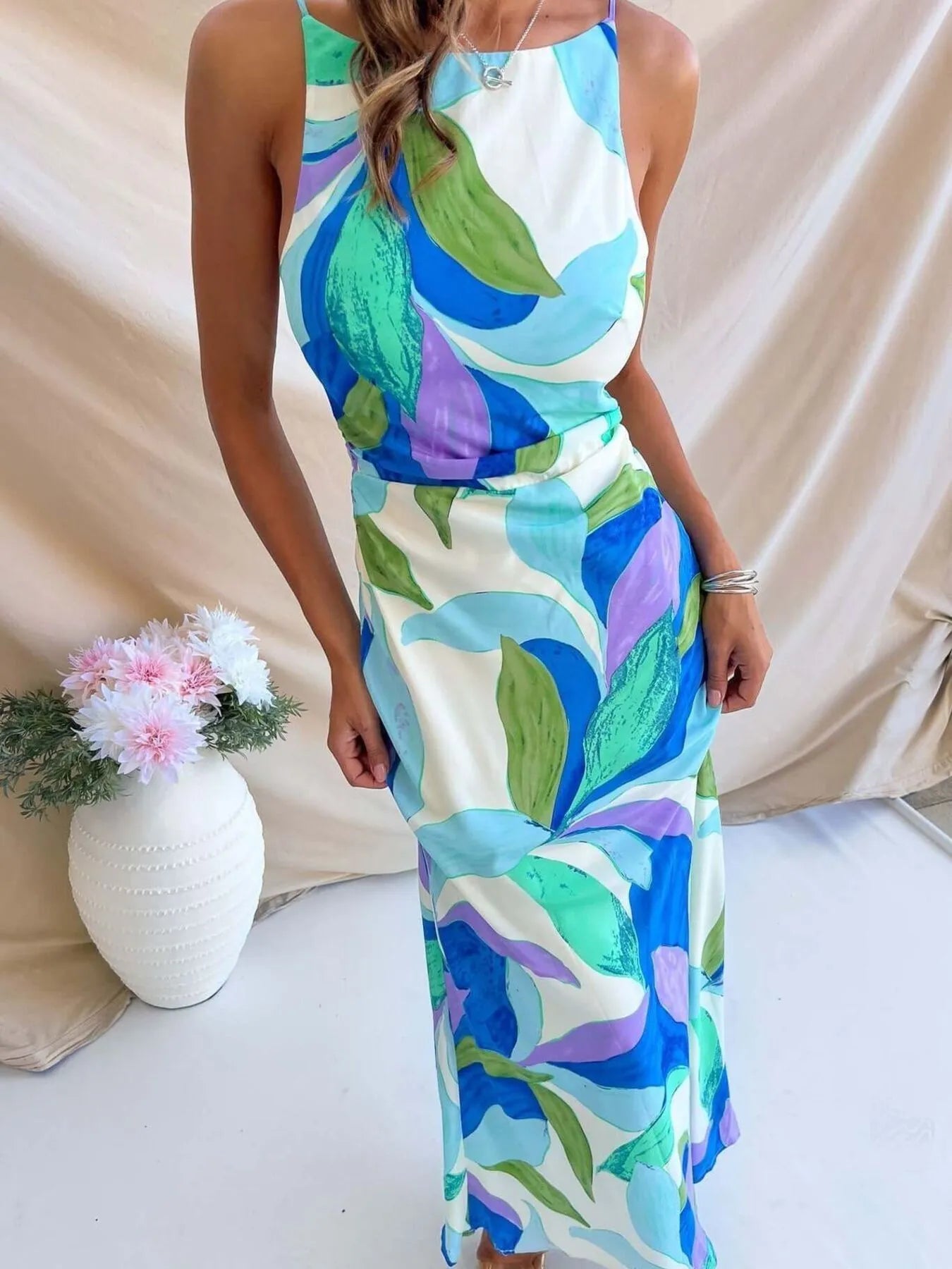 Printed Backless Sleeveless Maxi Dress -  Be Bliss Boutique
