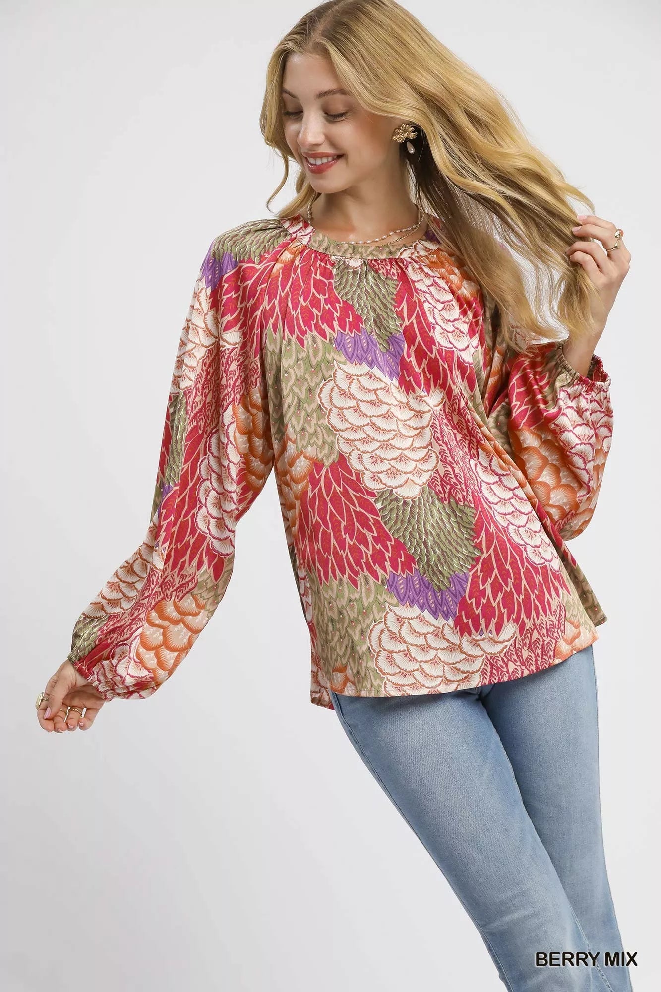 Umgee Boho Feather Print Peasant Blouse -  Be Bliss Boutique