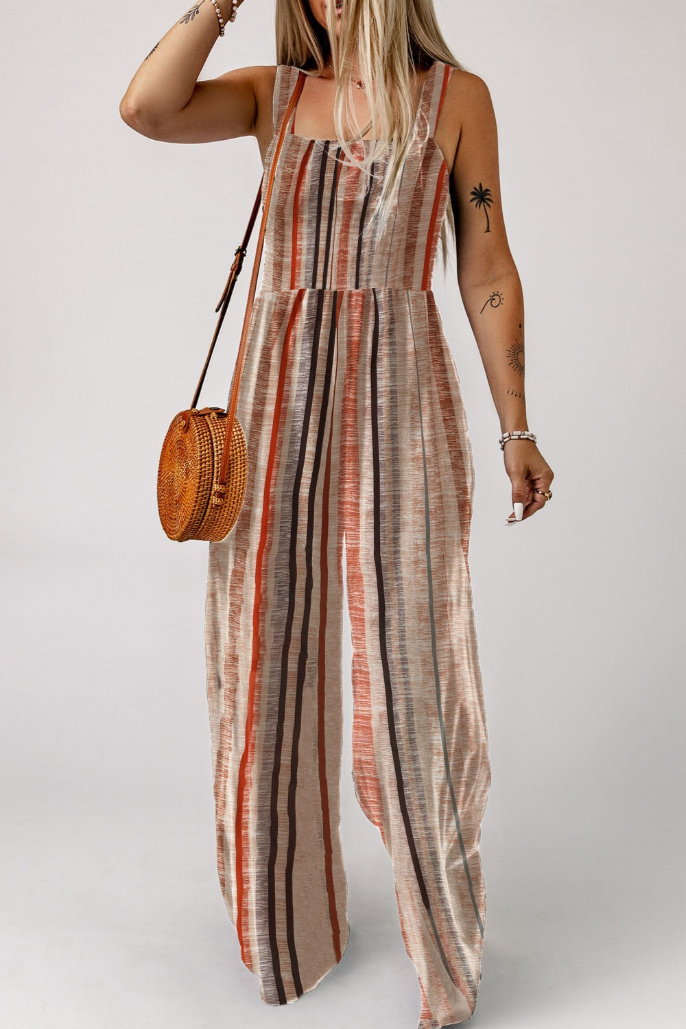 Stripe Square Neck Sleeveless Smocked Bodice Wide Leg Jumpsuit - Be Bliss Boutique