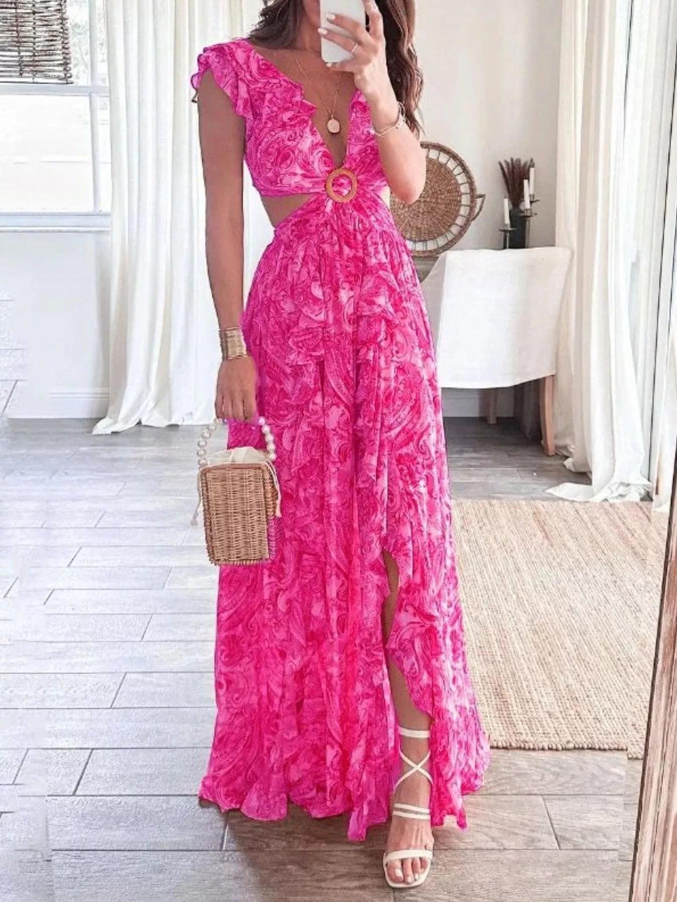 Full Size Ruffled Cutout V Neck Maxi Dress - Be Bliss Boutique