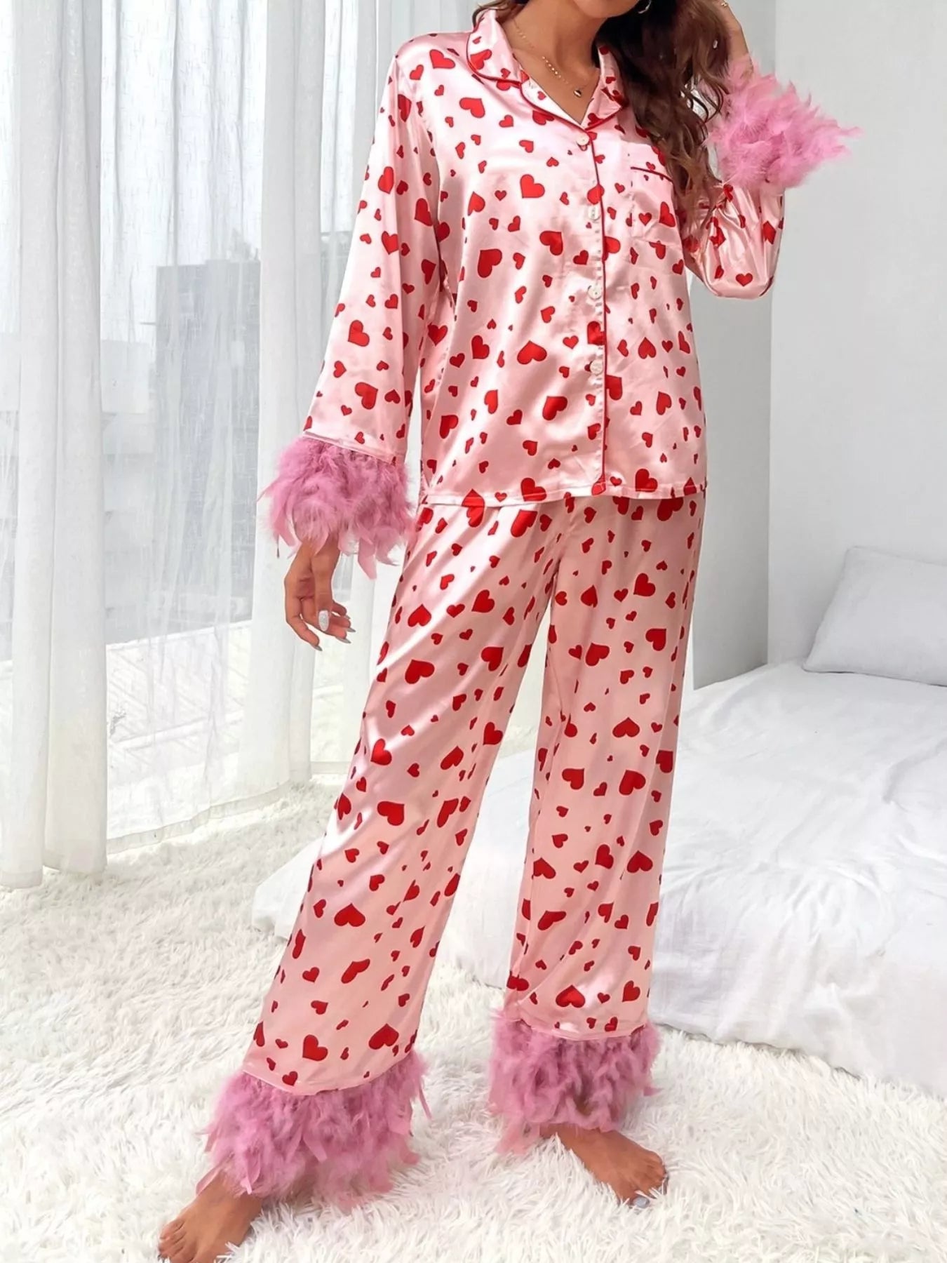 Heart Print Button Up Top and Pants Lounge Set - Be Bliss Boutique
