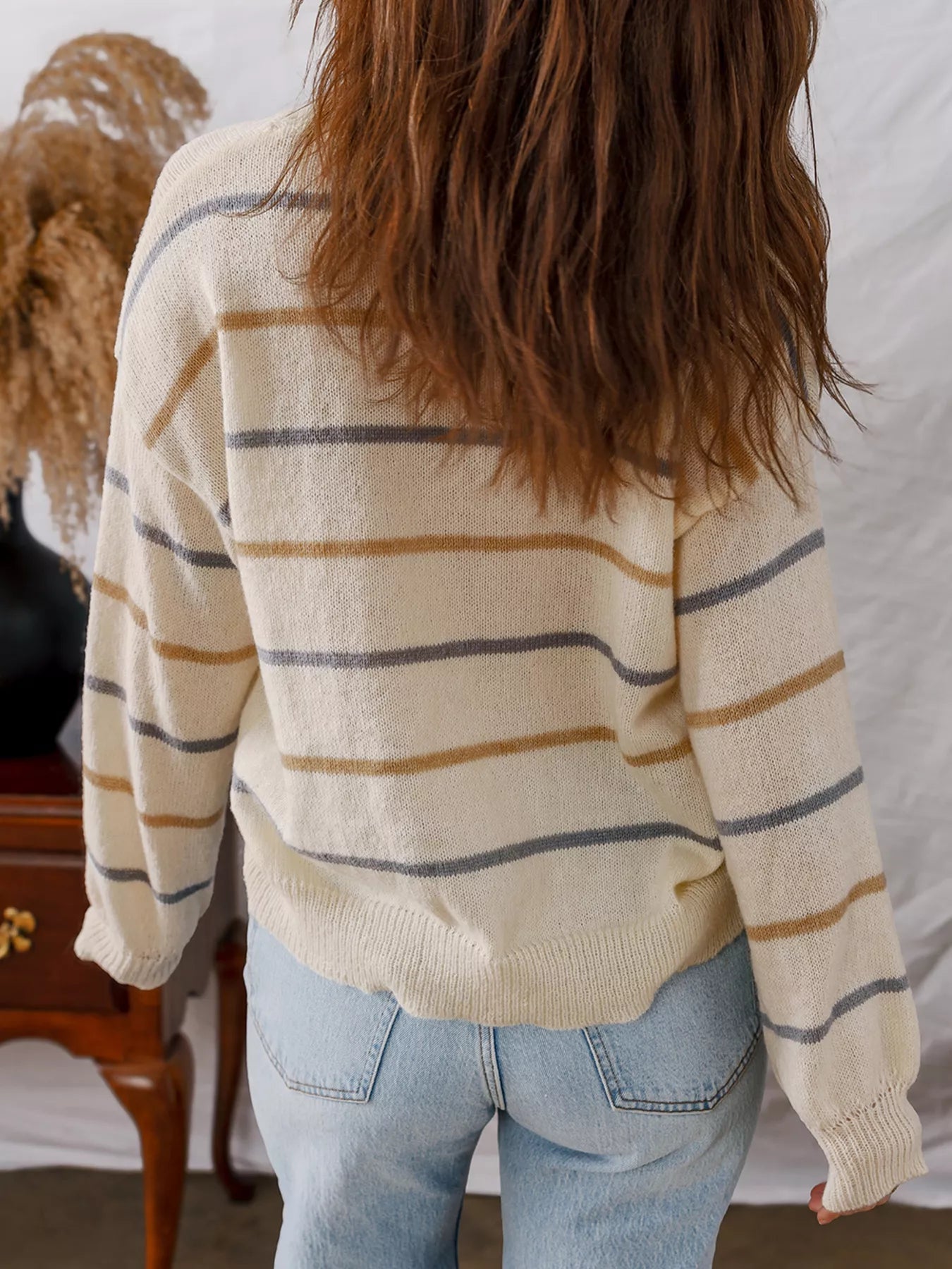 Stripe Striped Ribbed Edge Drop Shoulder Sweater -  Be Bliss Boutique