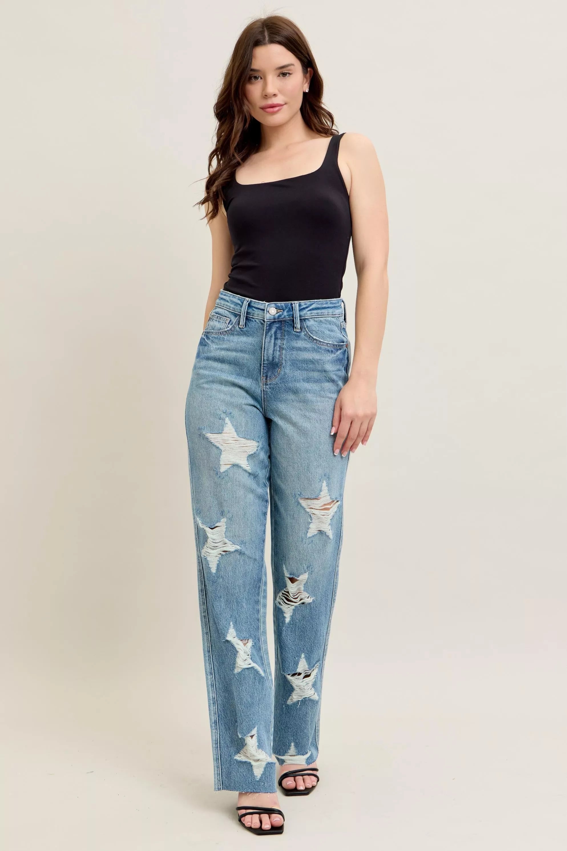 Judy Blue Full Size High Waist  Rigid Magic Star Shaped Destroy 90's Straight Jeans Plus Size - Be Bliss Boutique