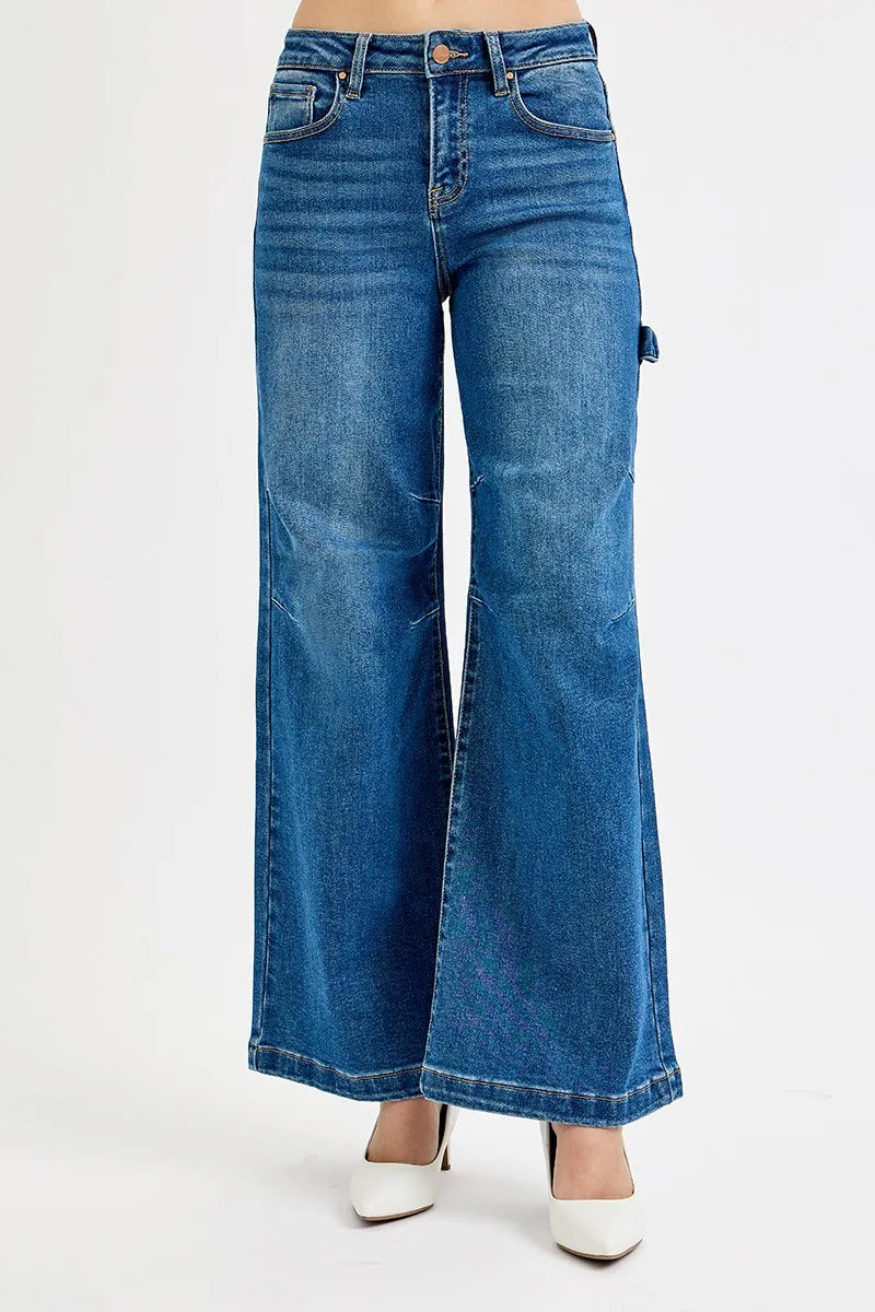 RISEN Full Size High Rise Wide Leg Patch Detailed Jeans Plus Size -  Be Bliss Boutique