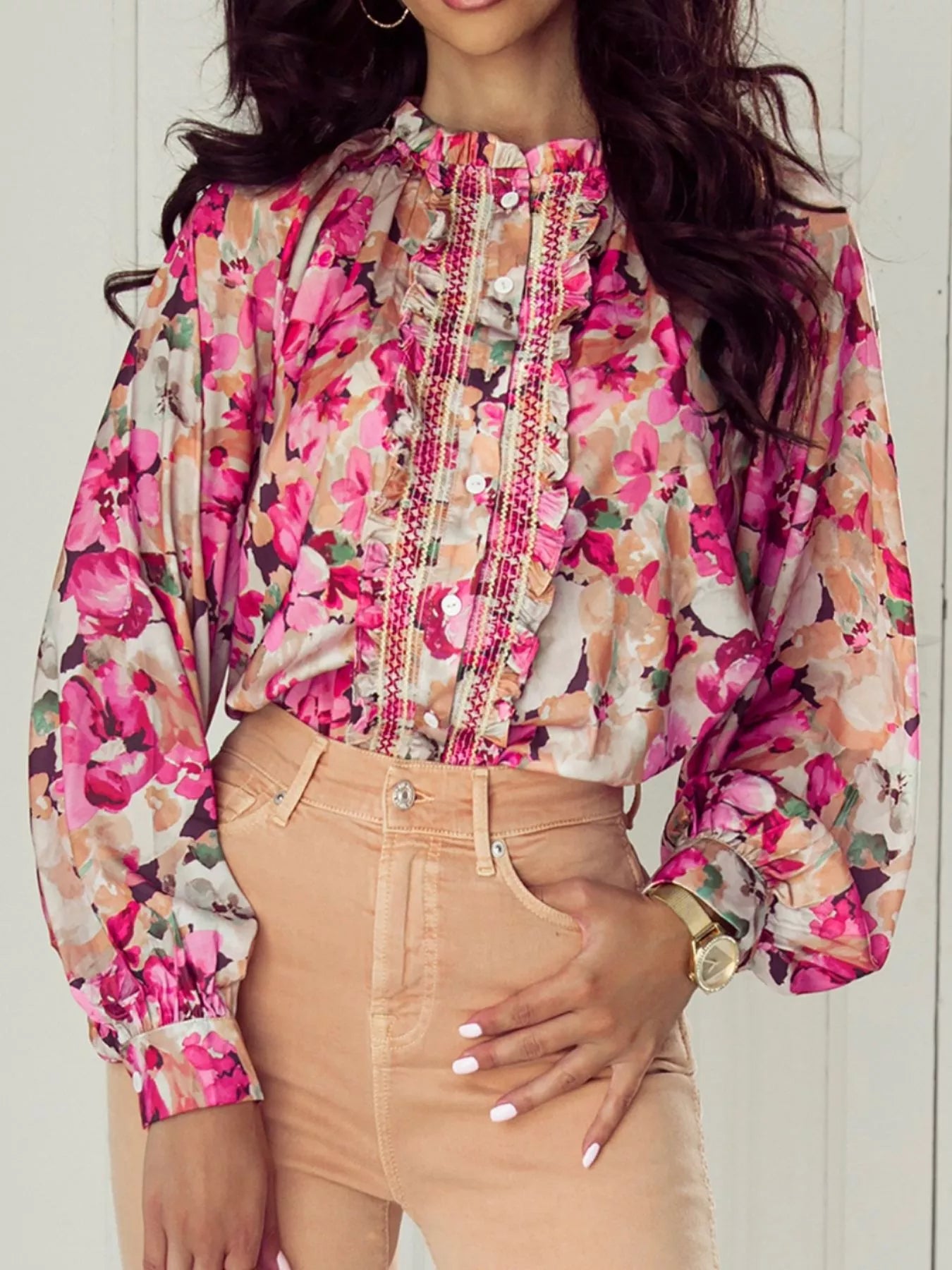 Floral Print Ruffle Trim Long Sleeve Shirt - Be Bliss Boutique