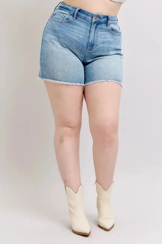 Judy Blue Full Size/Plus Size High Waist Western Embroidery Detail Cut Off Denim Shorts | Be Bliss Boutique