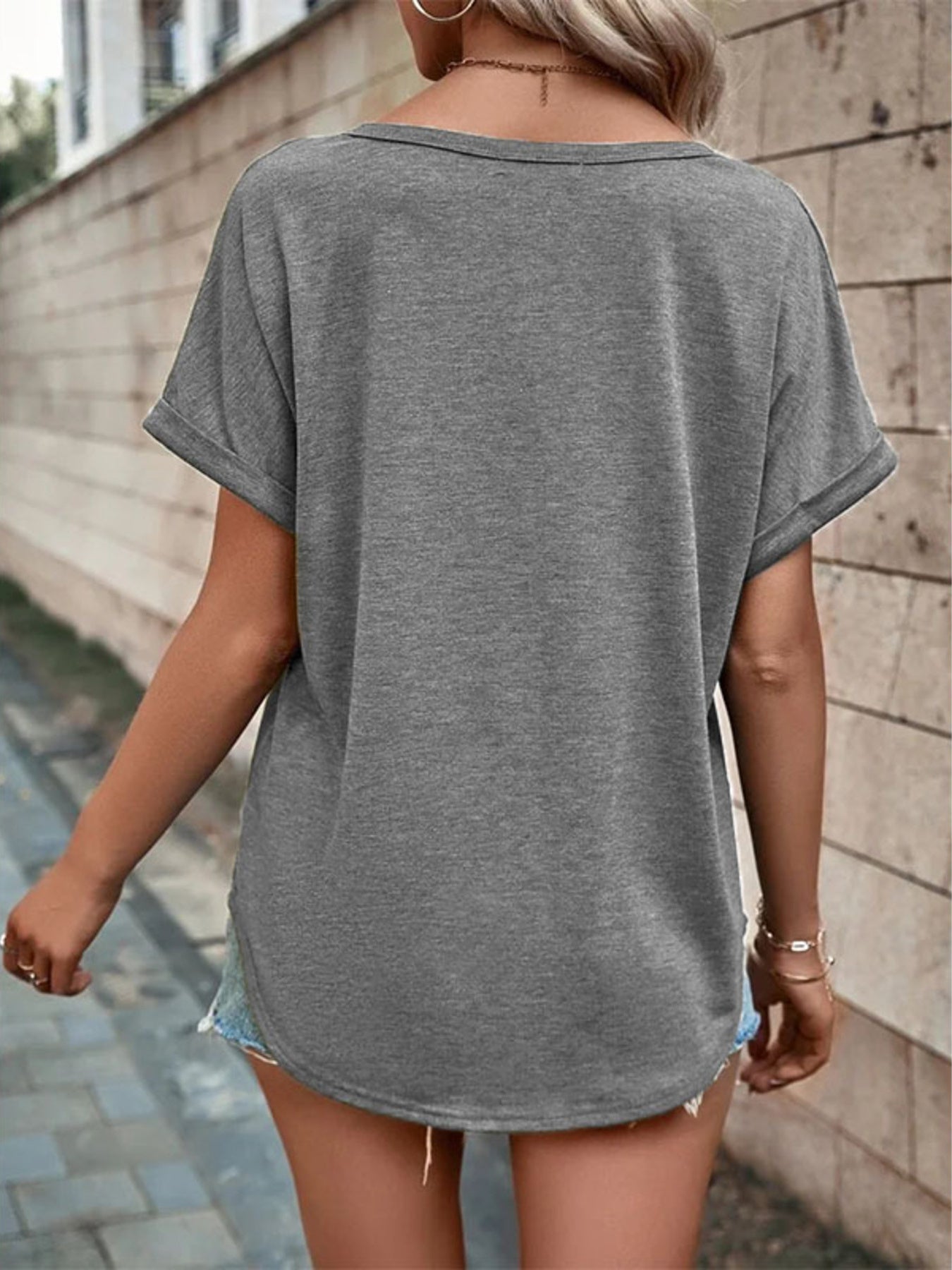 Full Size Decor Button Short Sleeve T Shirt - Be Bliss Boutique