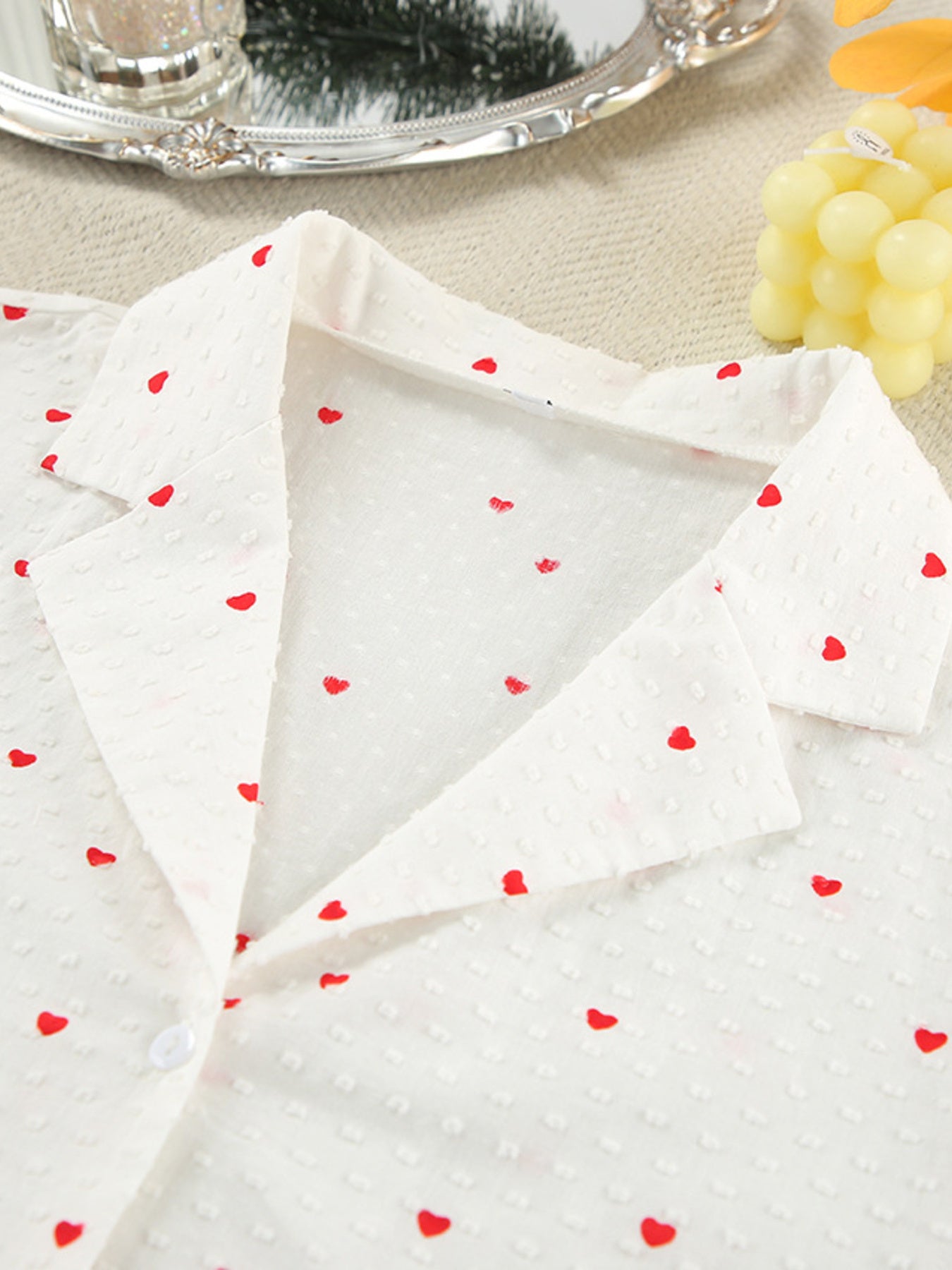 Heart Print Ruffle Trim Button-Up Cotton Lounge Set - Be Bliss Boutique